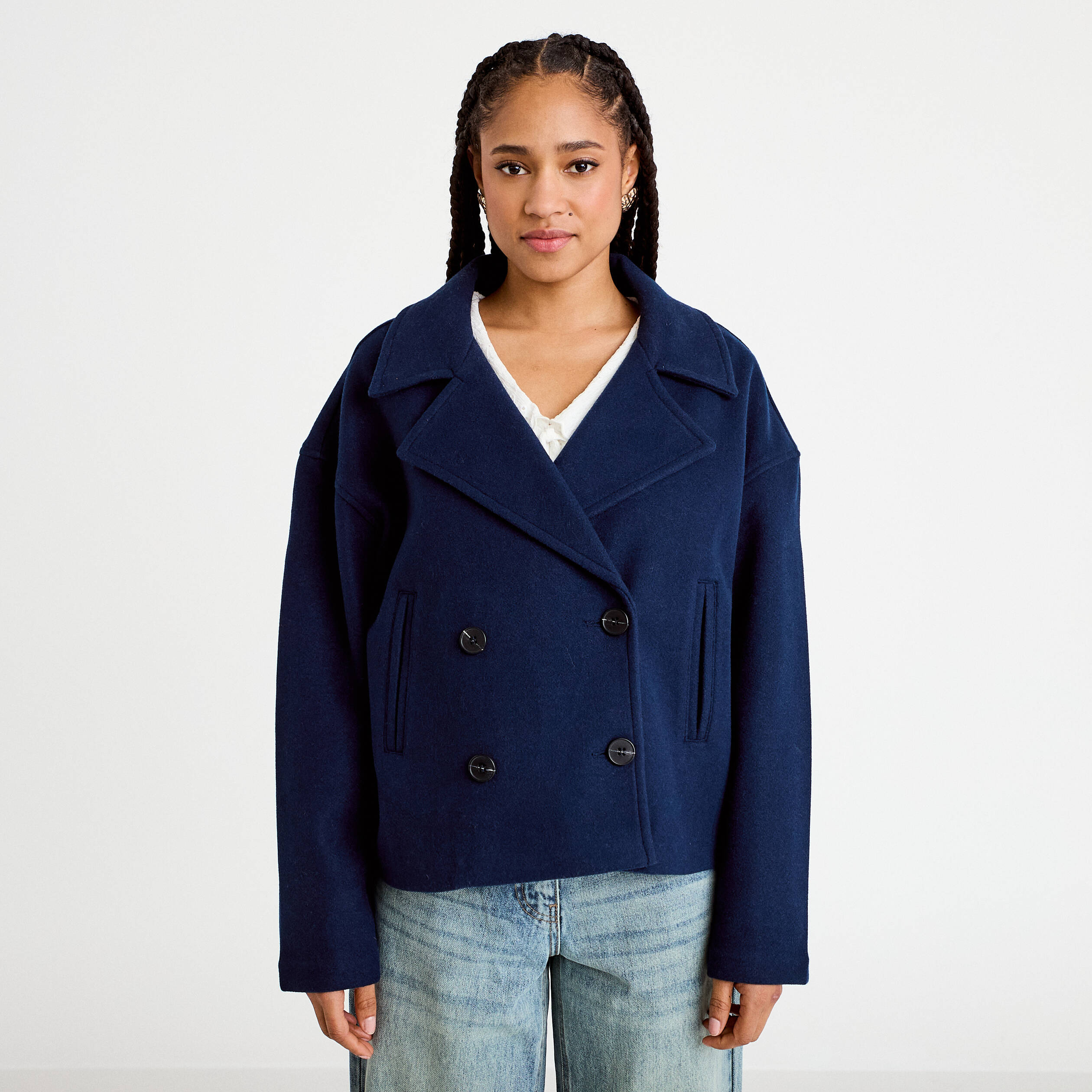 Caban court oversize col tailleur bleu marine femme