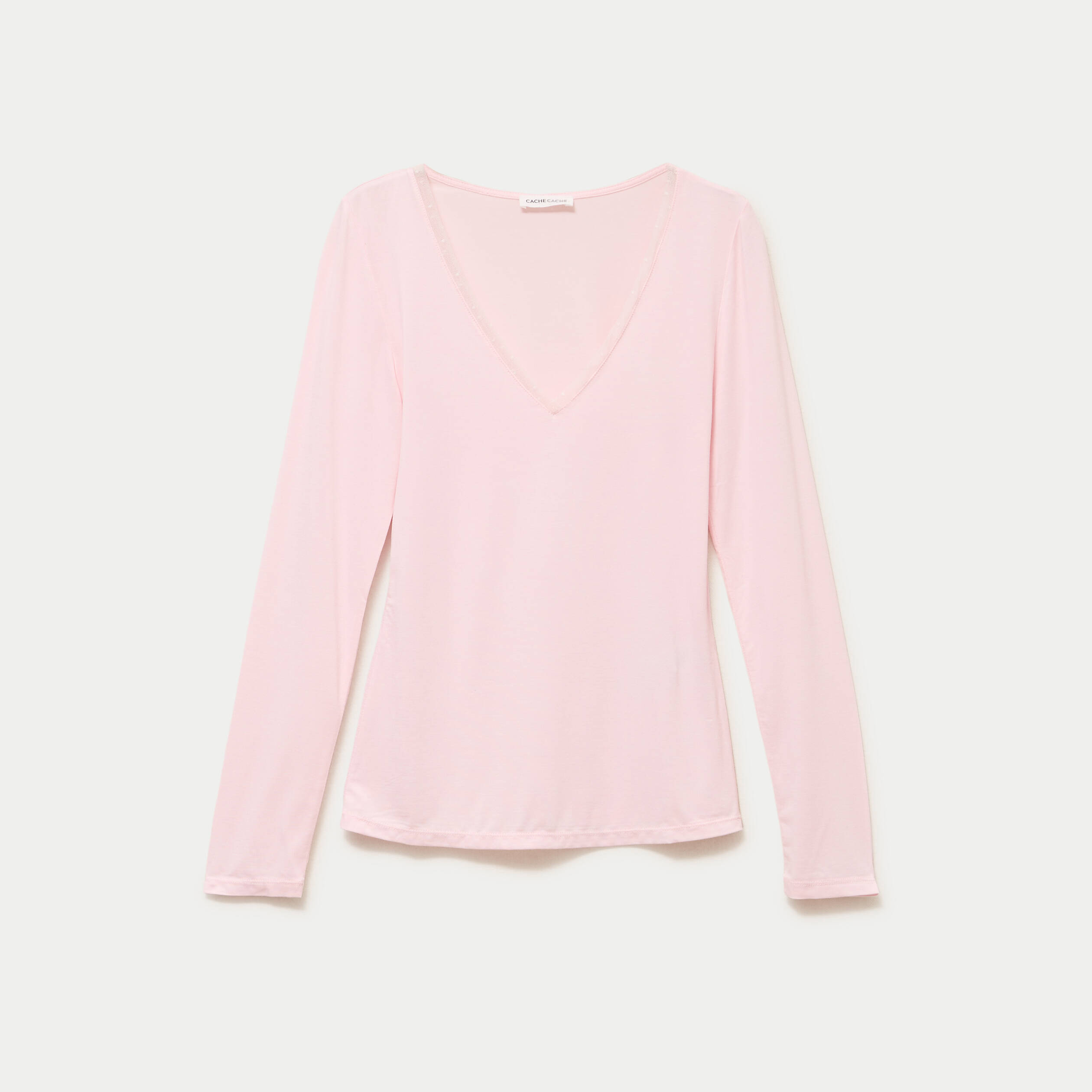 T-shirt thermique col en V plumetis rose clair femme