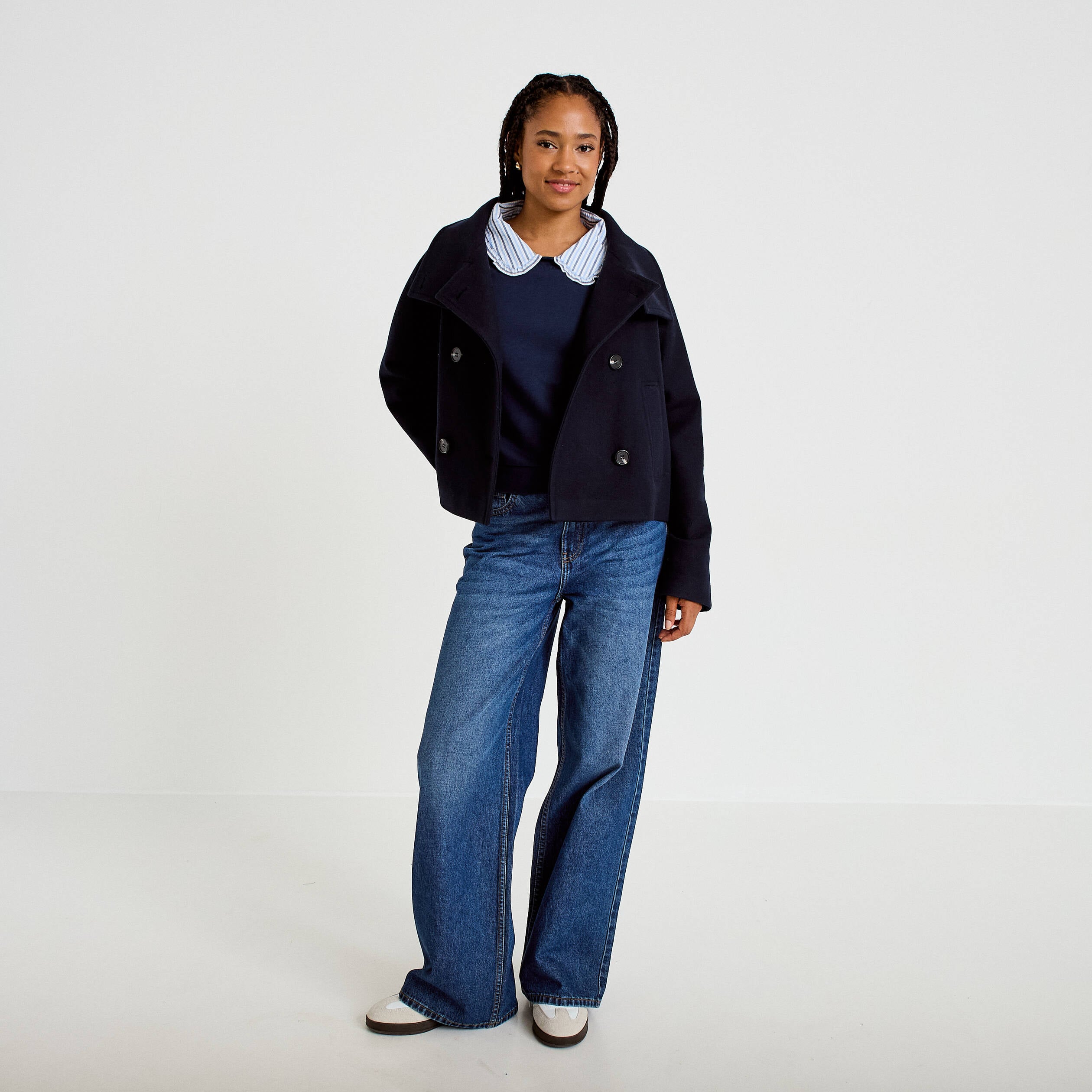 Sweat col chemise manches longues bleu marine femme