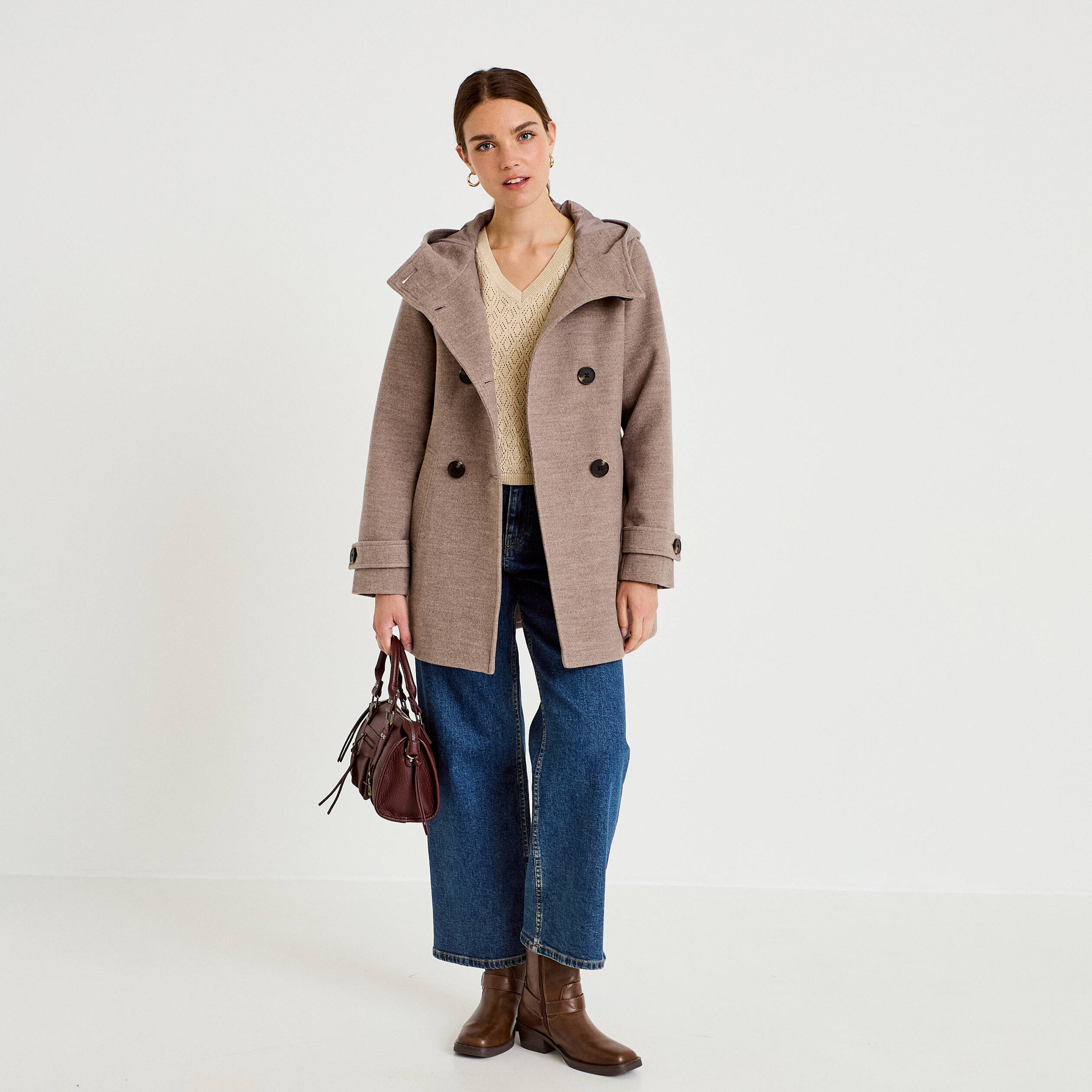 manteau ajust&eacute; 3/4 &agrave; capuche taupe femme
