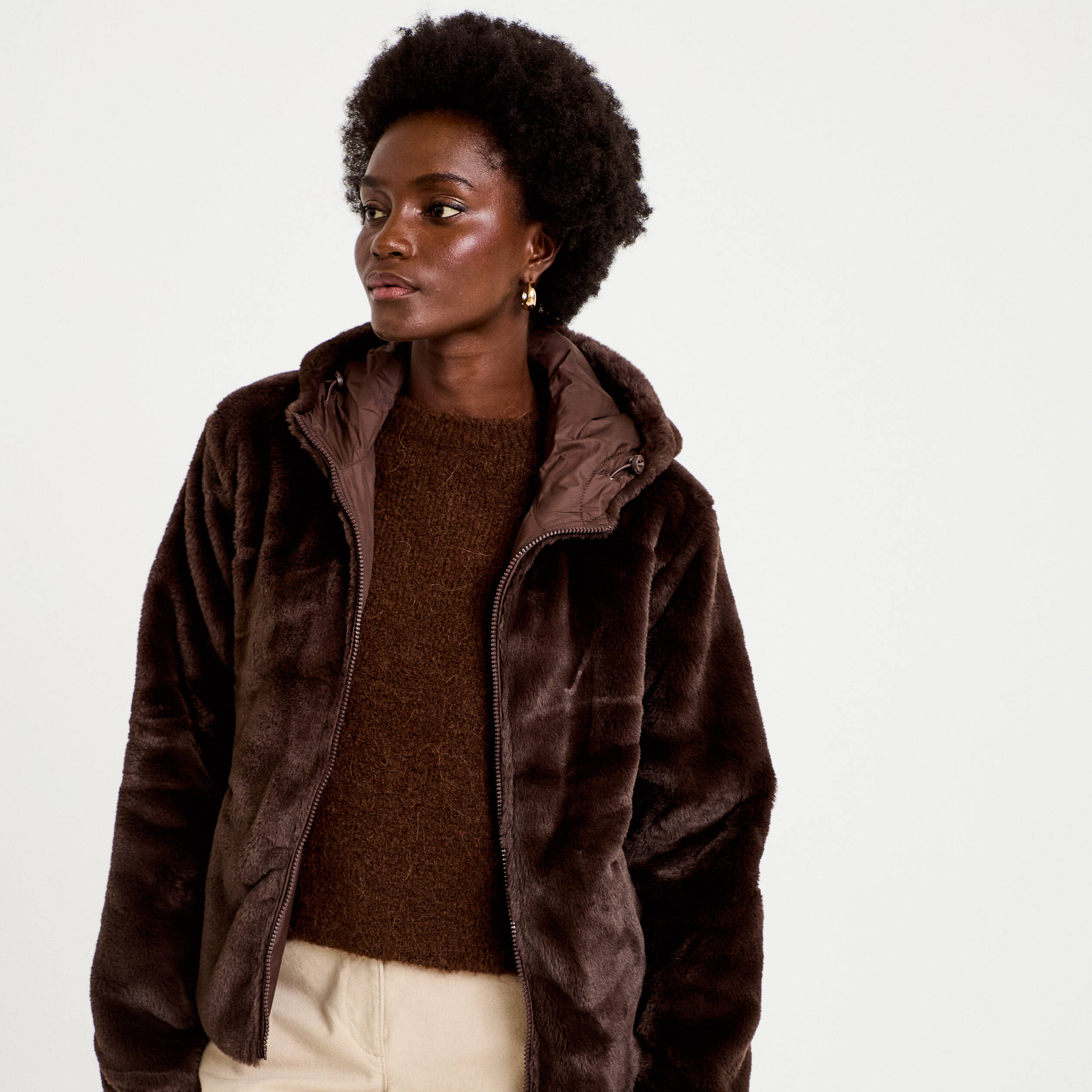 Parka r&eacute;versible &agrave; capuche marron fonc&eacute; femme