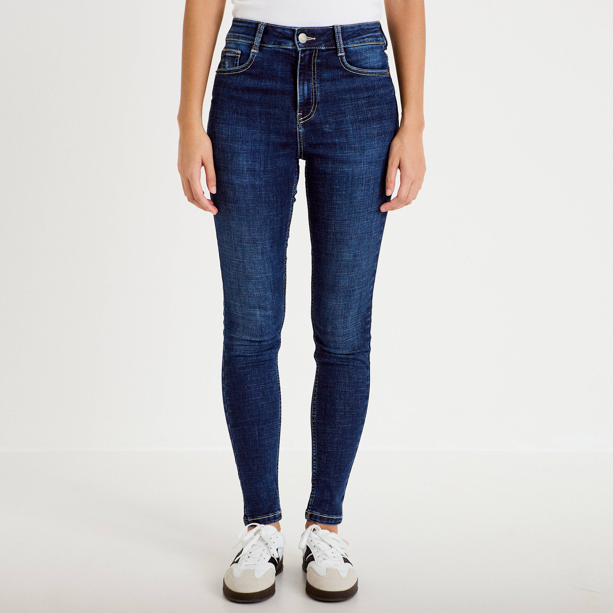 Jean skinny taille haute bleu fonc&eacute; femme