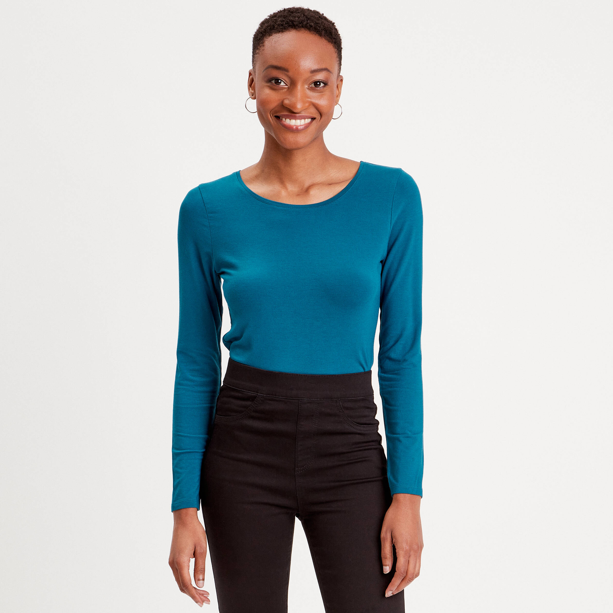 t shirt uni a manches longues bleu canard femme T-shirt uni à manches longues bleu canard femme