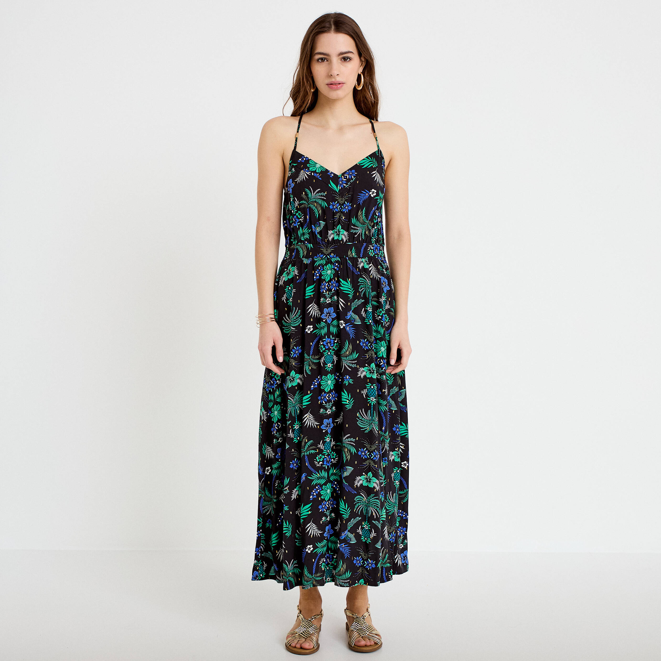 Robe &eacute;vas&eacute;e 3/4 col v bretelles fines noir femme