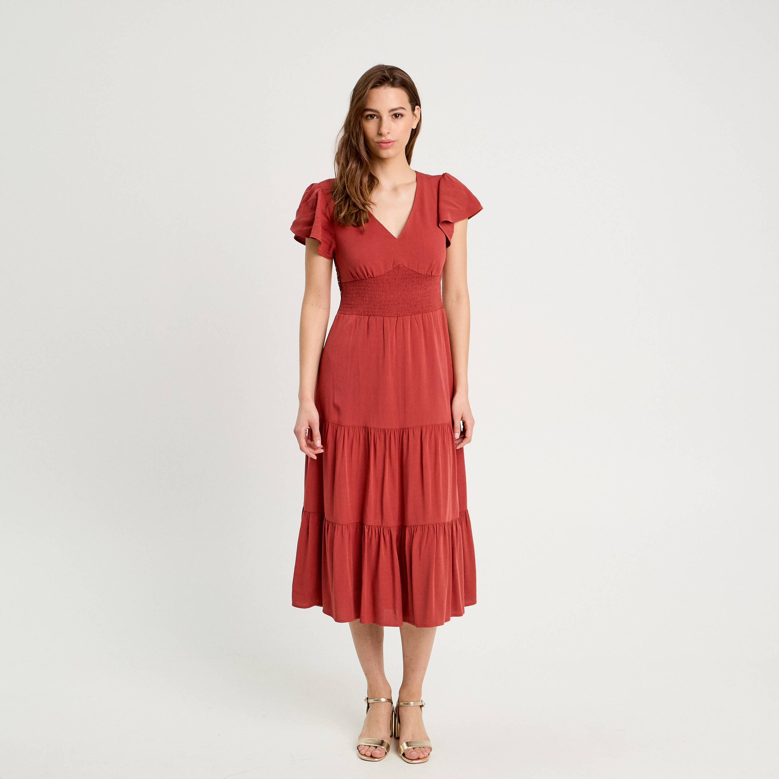 robe longue evasee col en v vieux rose femme Robe longue évasée col en V vieux rose femme