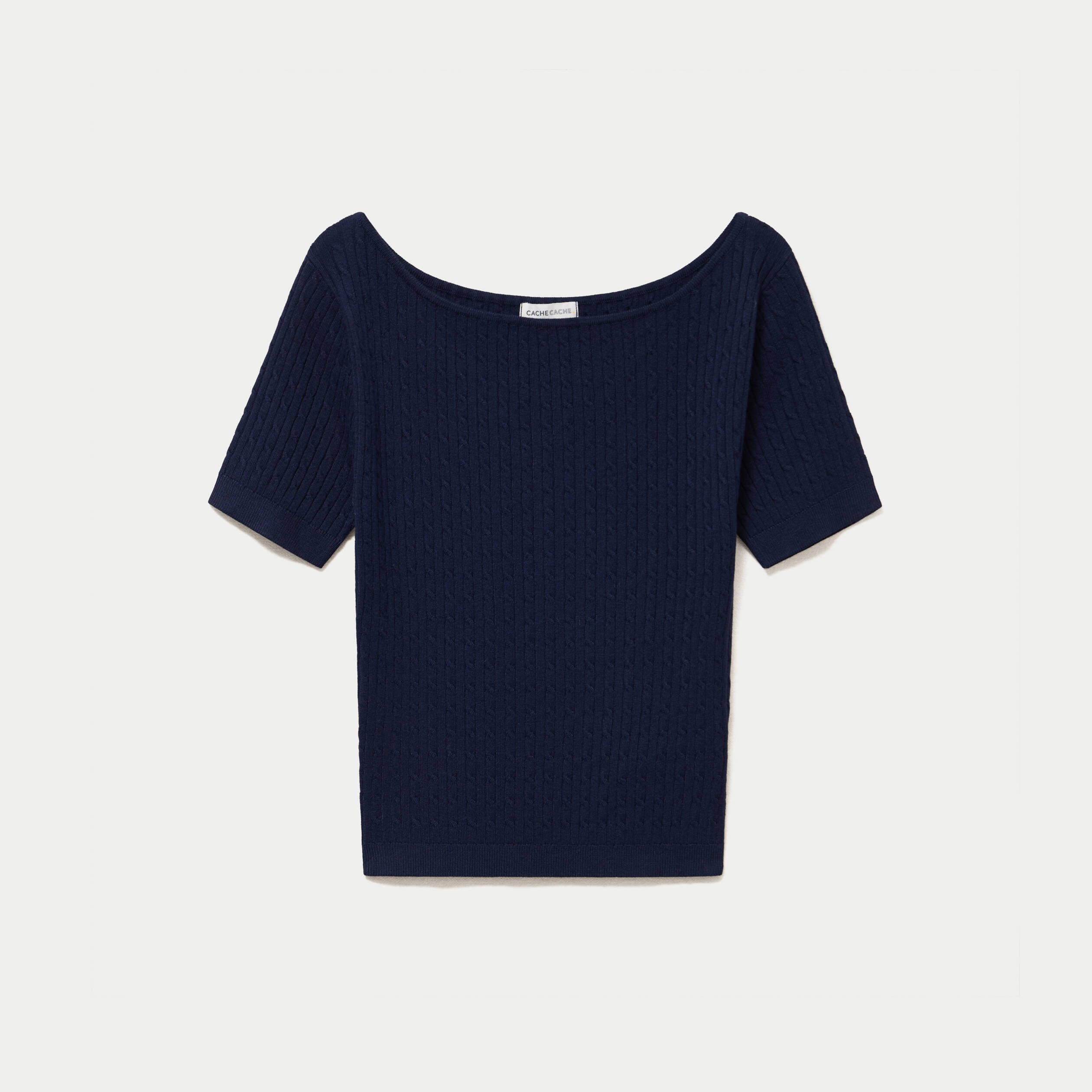 Pull ajust&eacute; court col bateau bleu marine femme