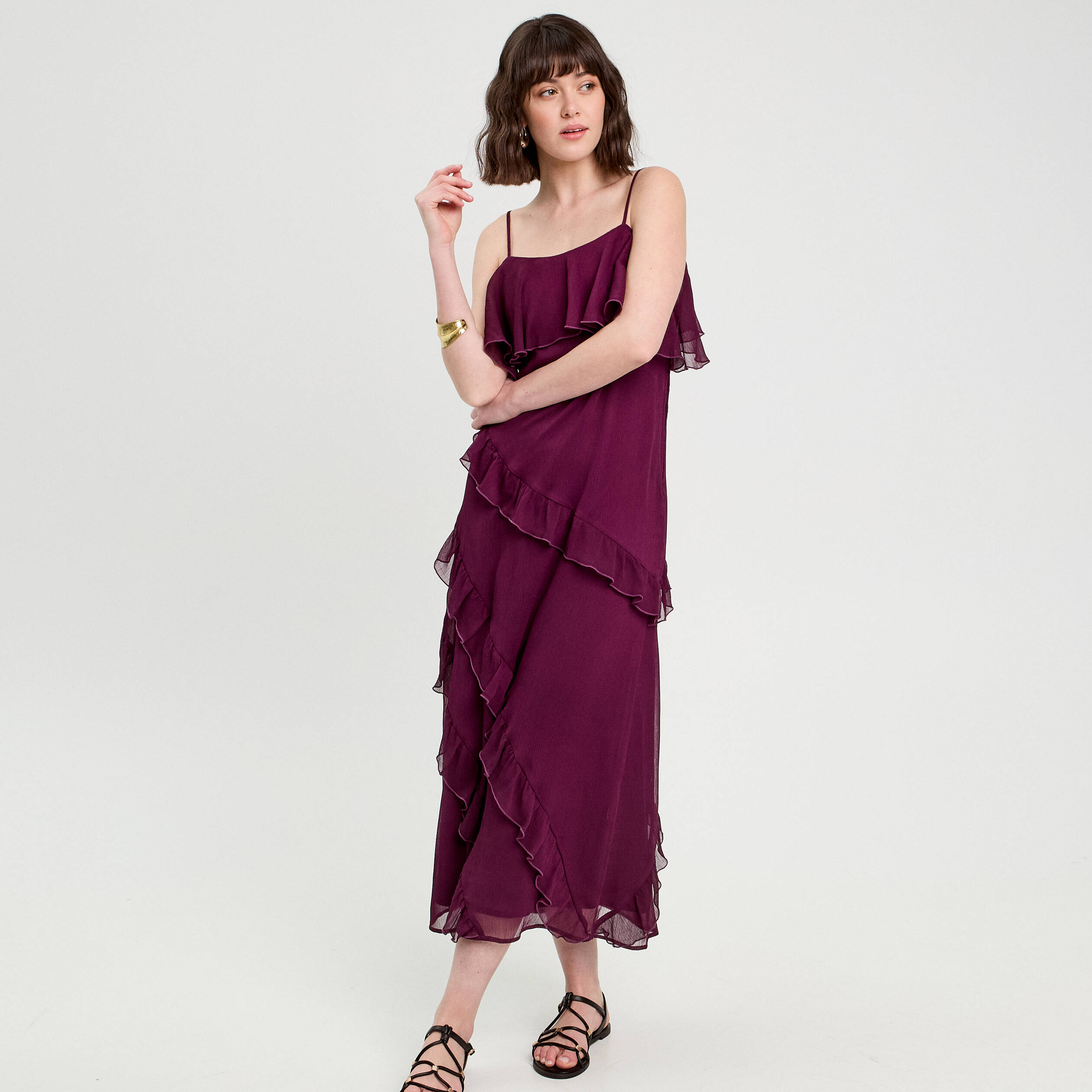 robe longue droite volants prune femme Robe longue droite volants prune femme