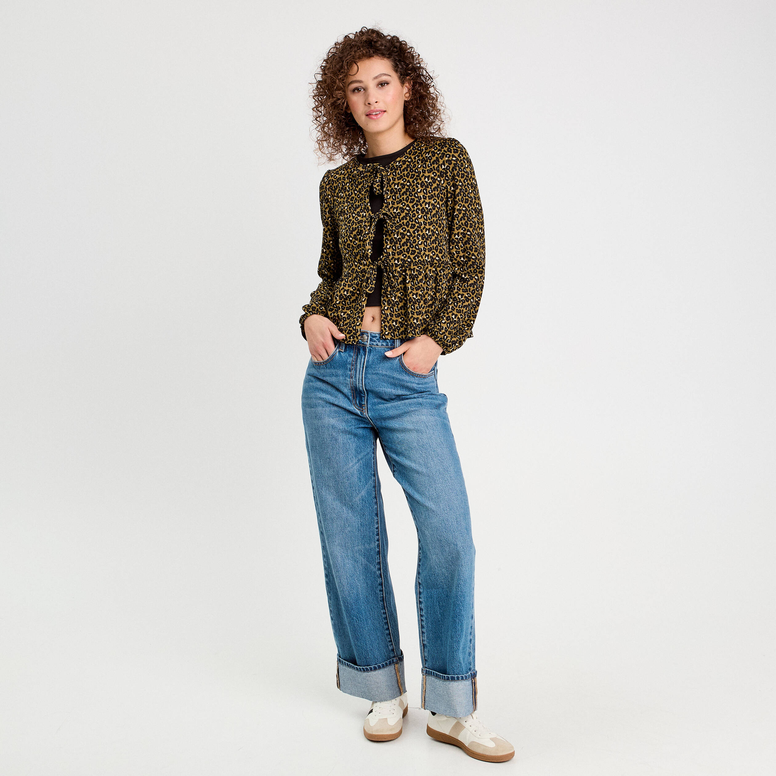 Blouse nou&eacute;e manches longues vert kaki femme