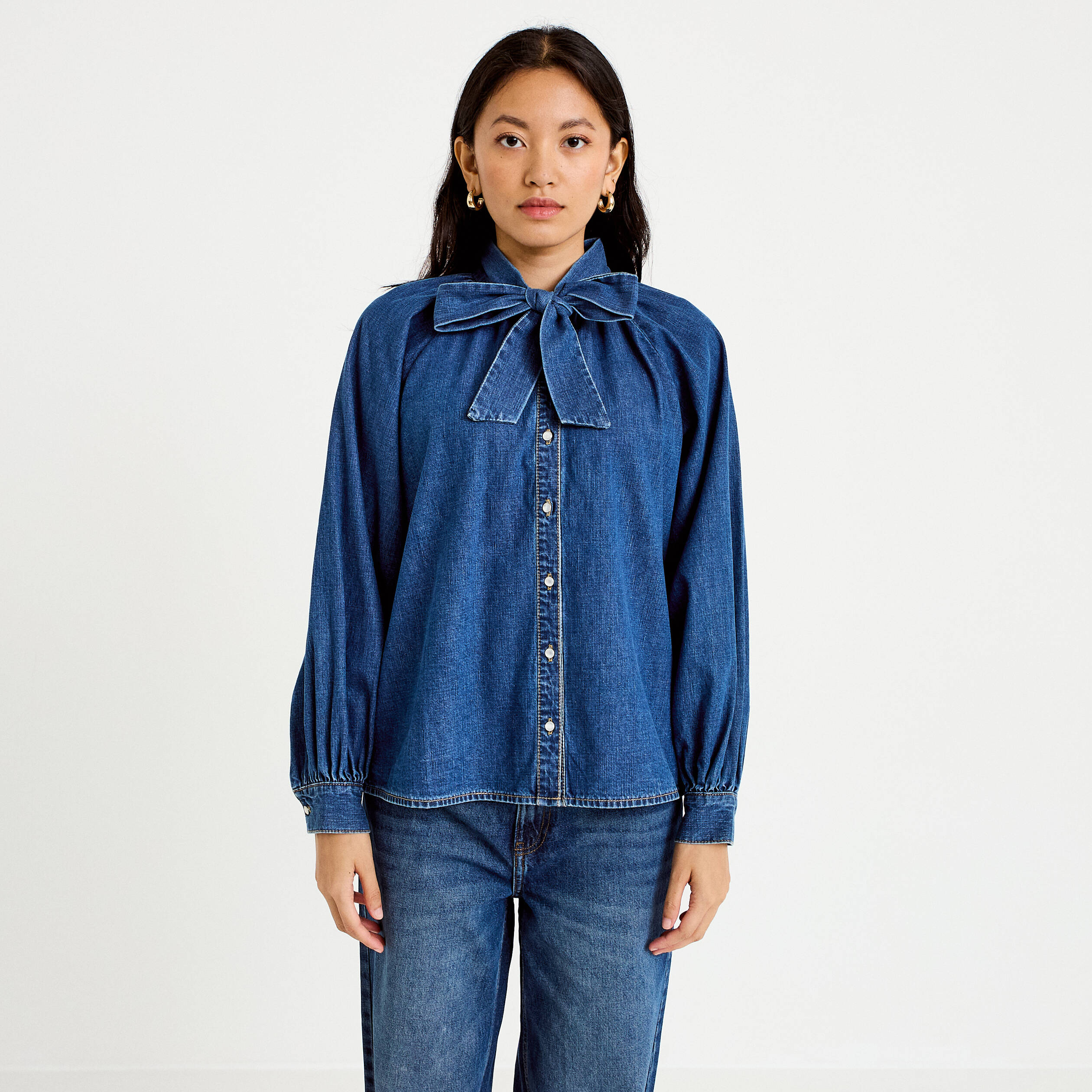 Chemise ample en jean col montant denim stone femme