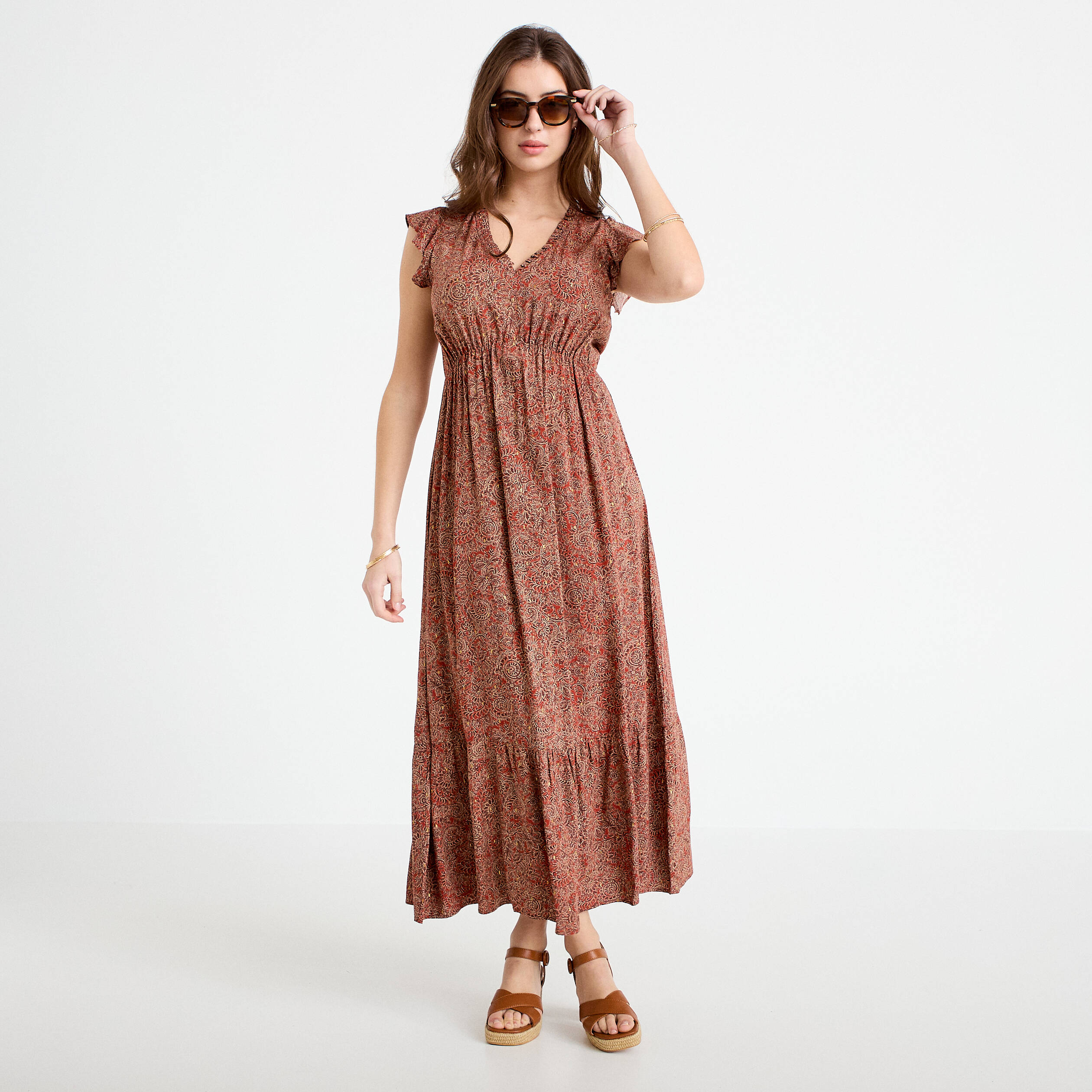 Robe longue &eacute;vas&eacute;e col v manches courtes rouge fonc&eacute; femme