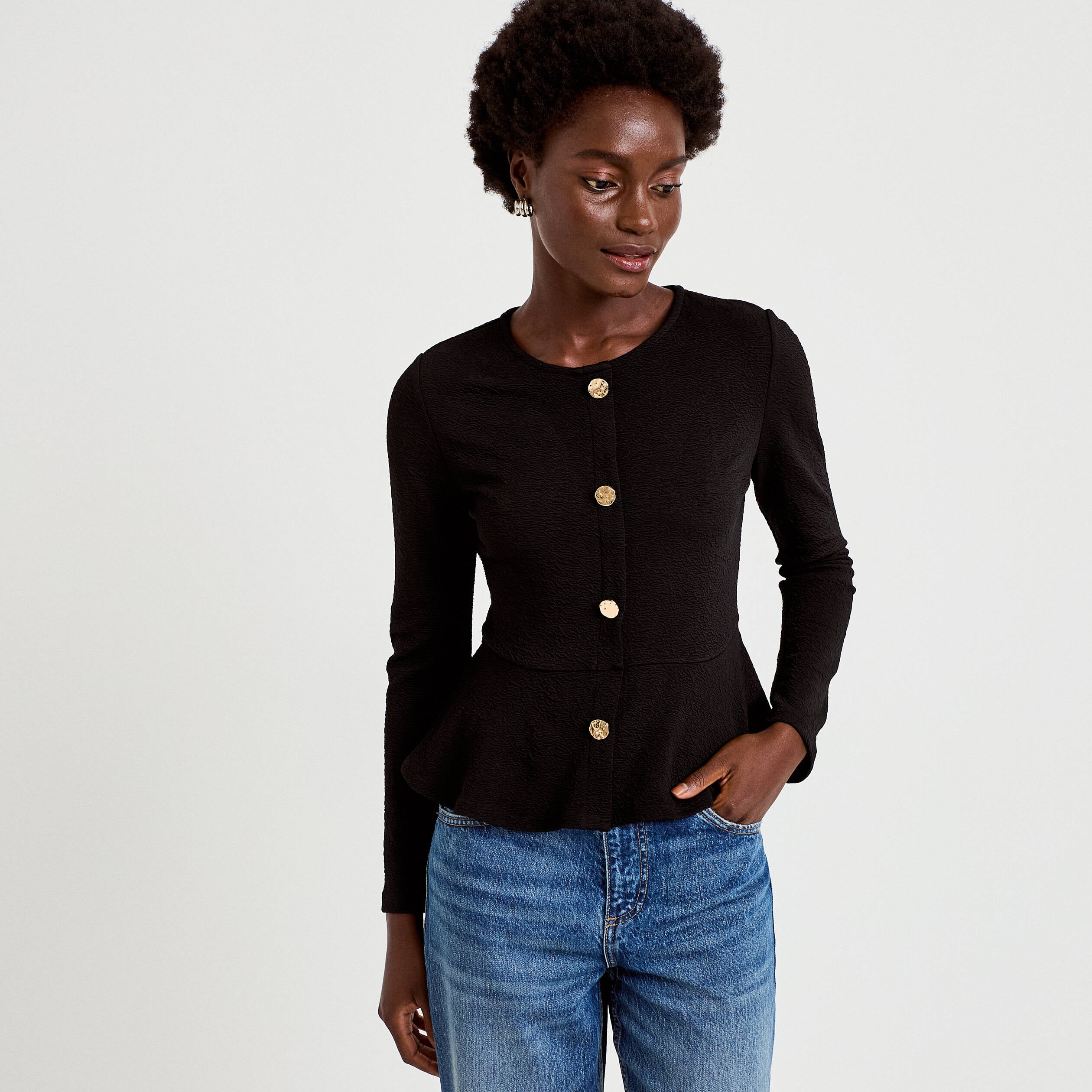 Top p&eacute;plum ajust&eacute; manches longues noir femme