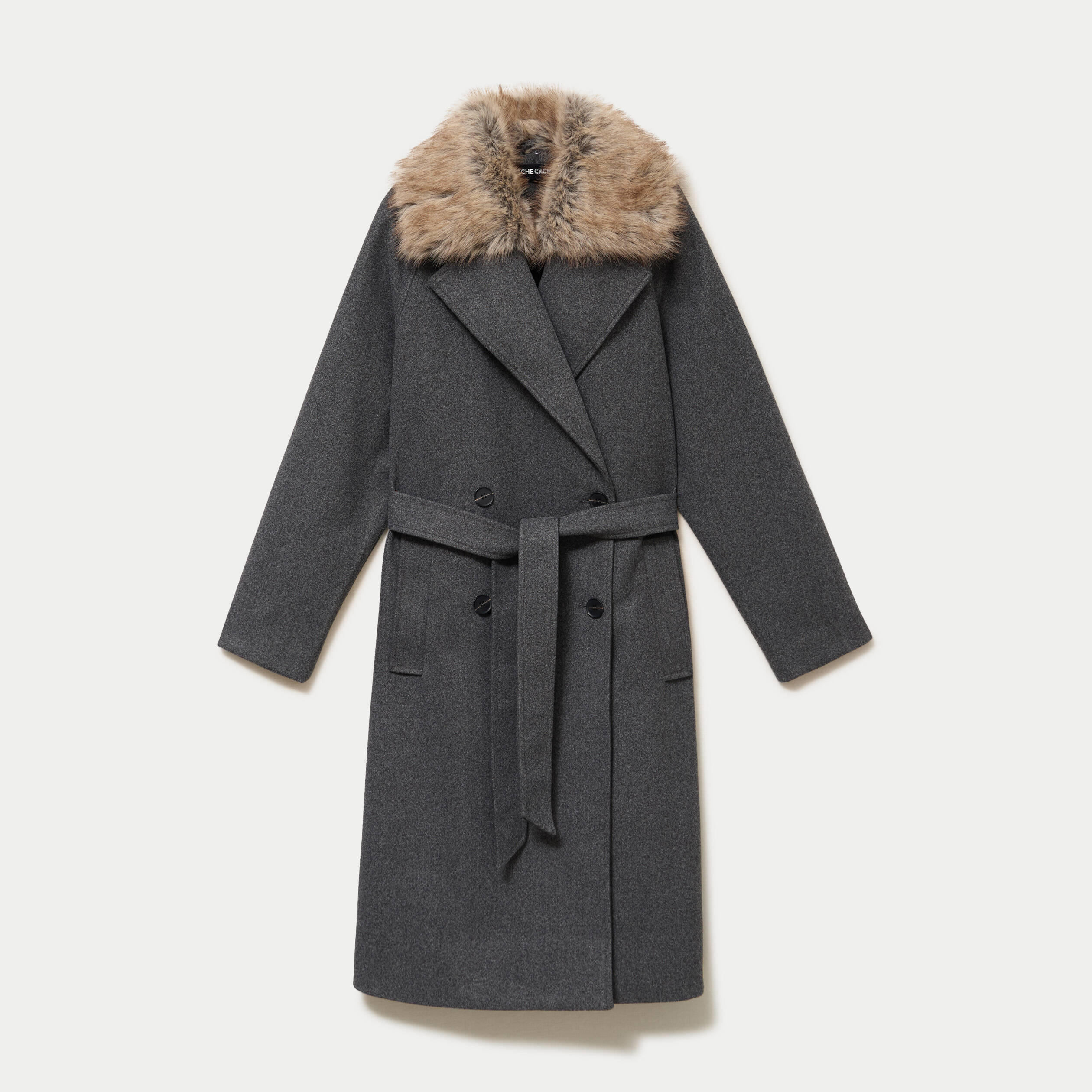 Manteau droit mi-long &agrave; manches longues gris femme