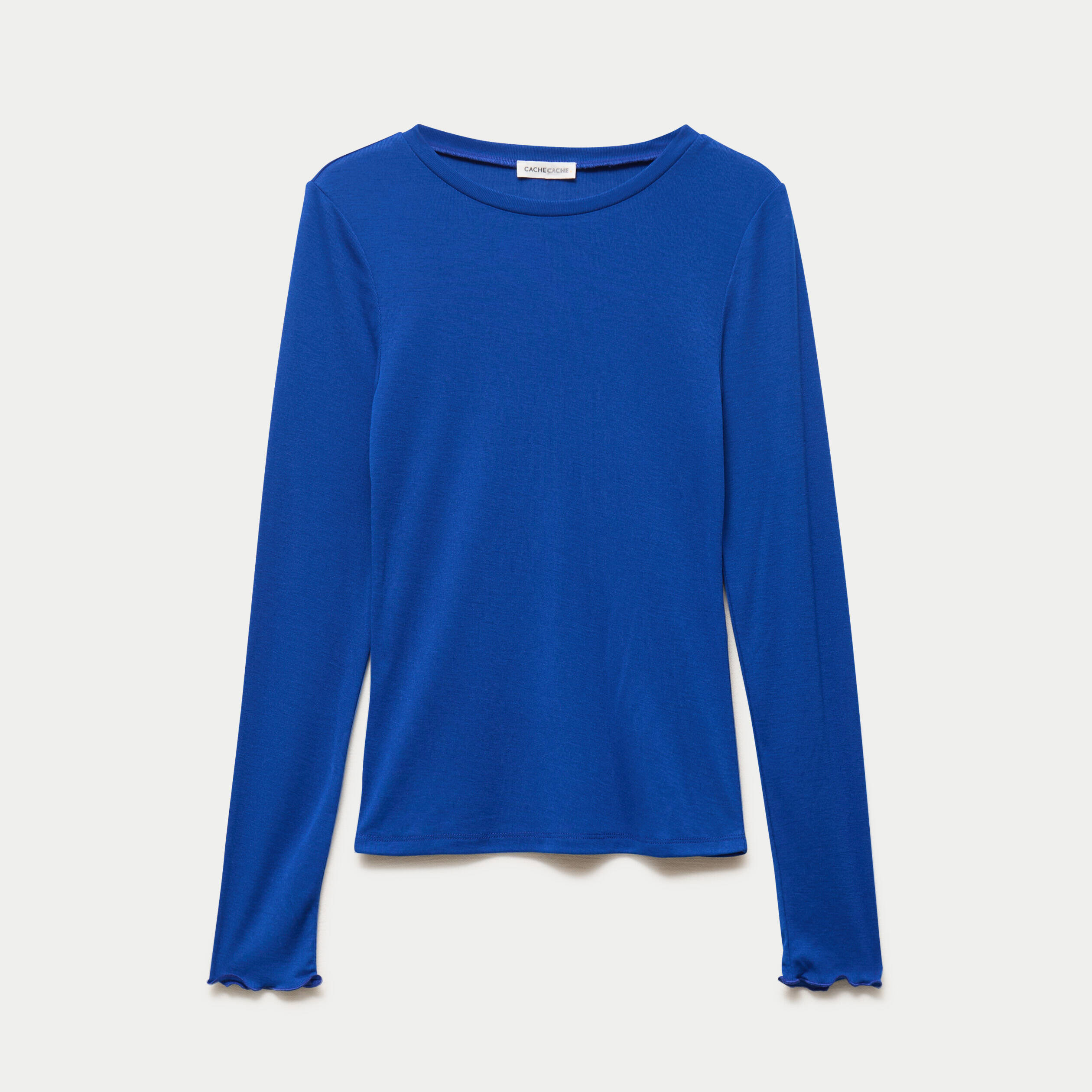 T-shirt ajust&eacute; col rond manches longues bleu electrique femme