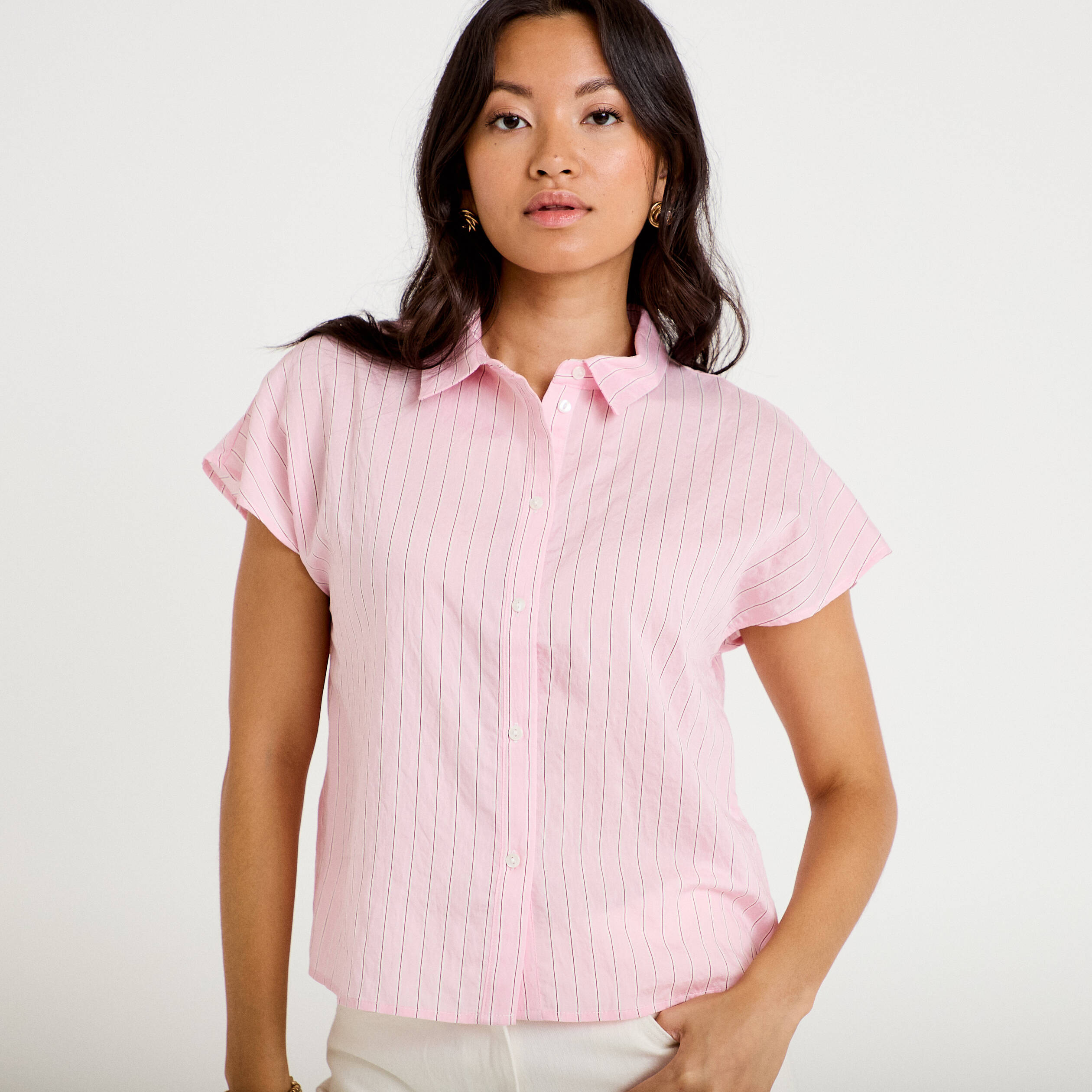 Chemise ample pliss&eacute;e manches courtes rose femme