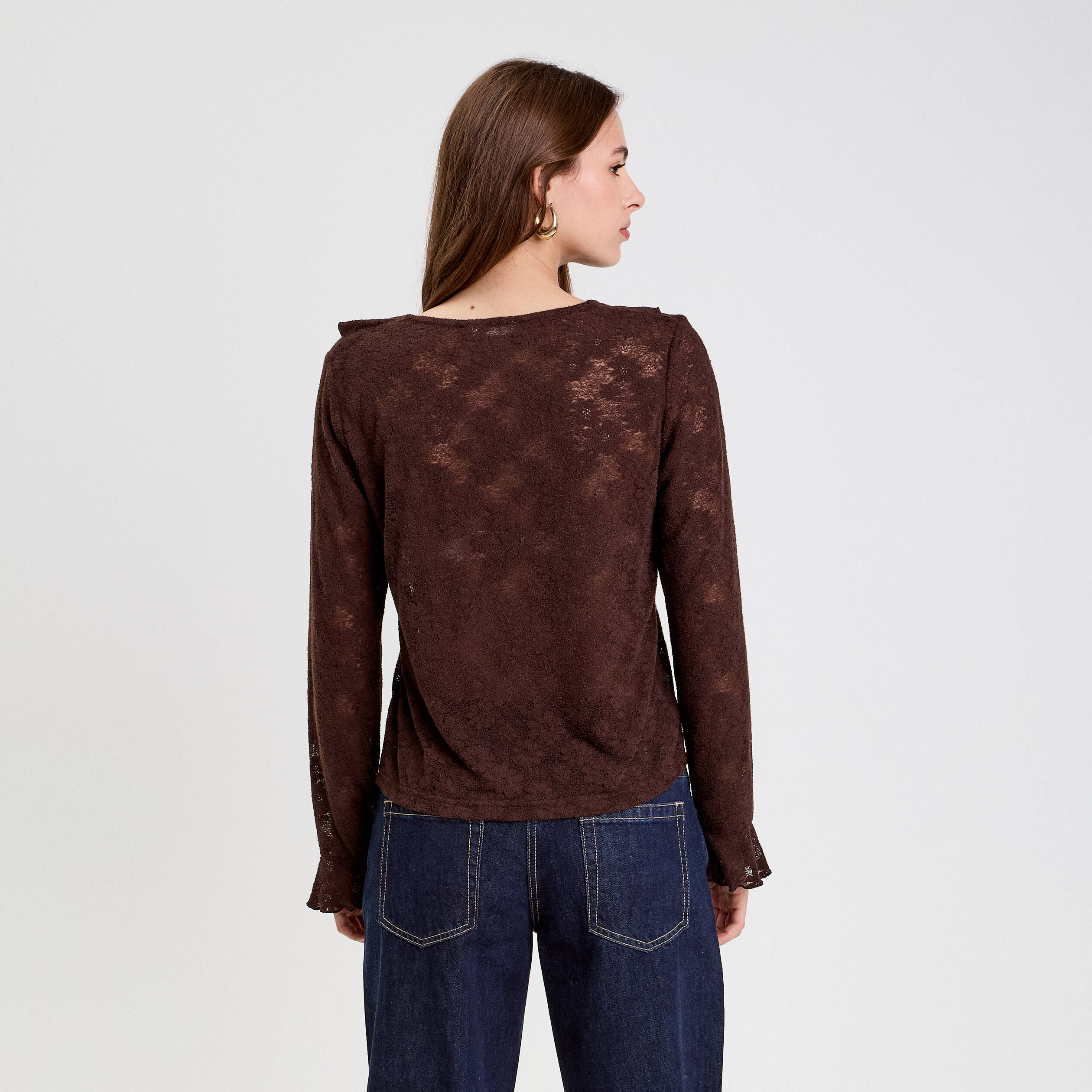 Blouse ajour&eacute;e manches longues marron fonc&eacute; femme