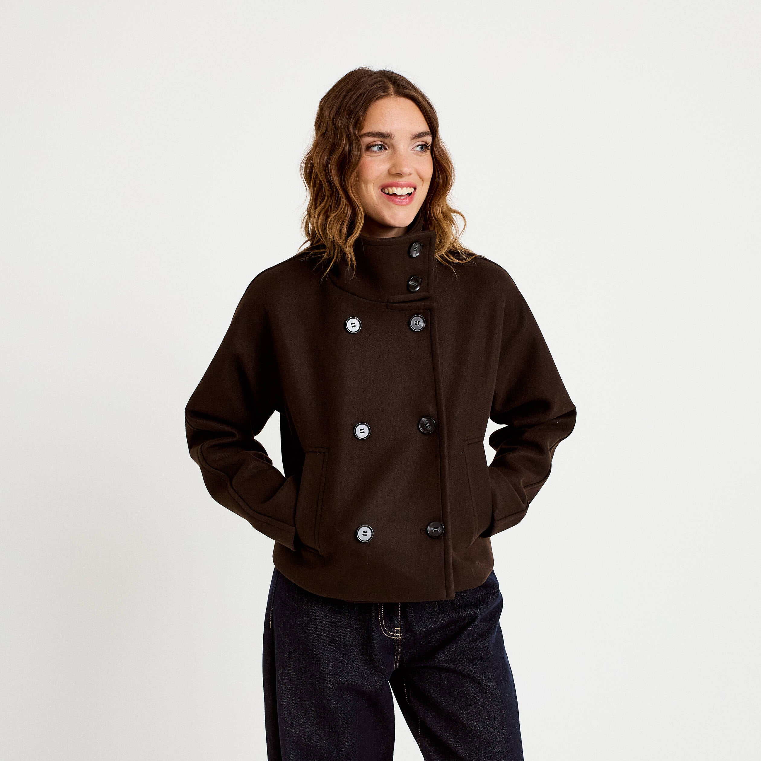Caban court col montant marron fonc&eacute; femme