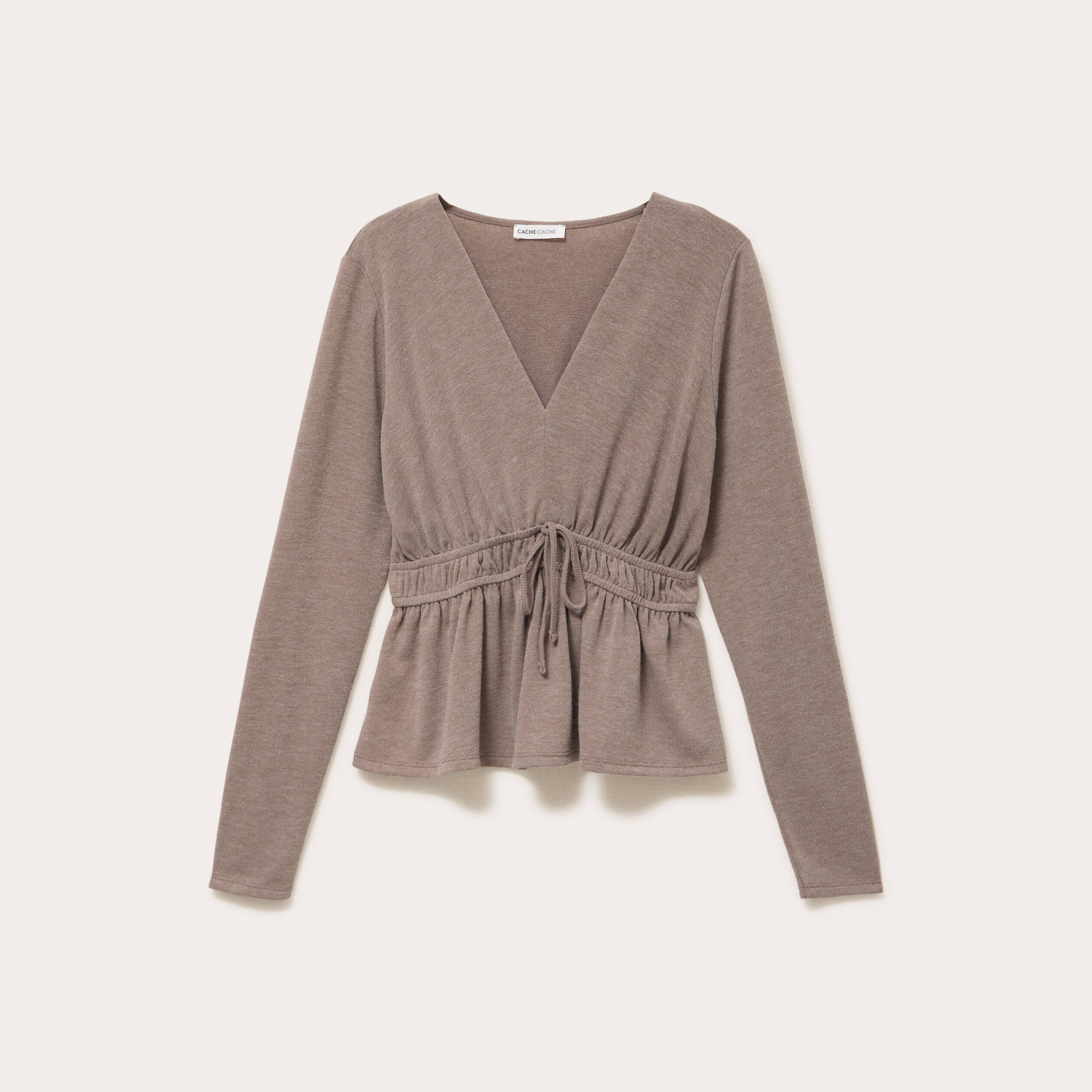 Blouse cintr&eacute;e col v manches longues beige femme