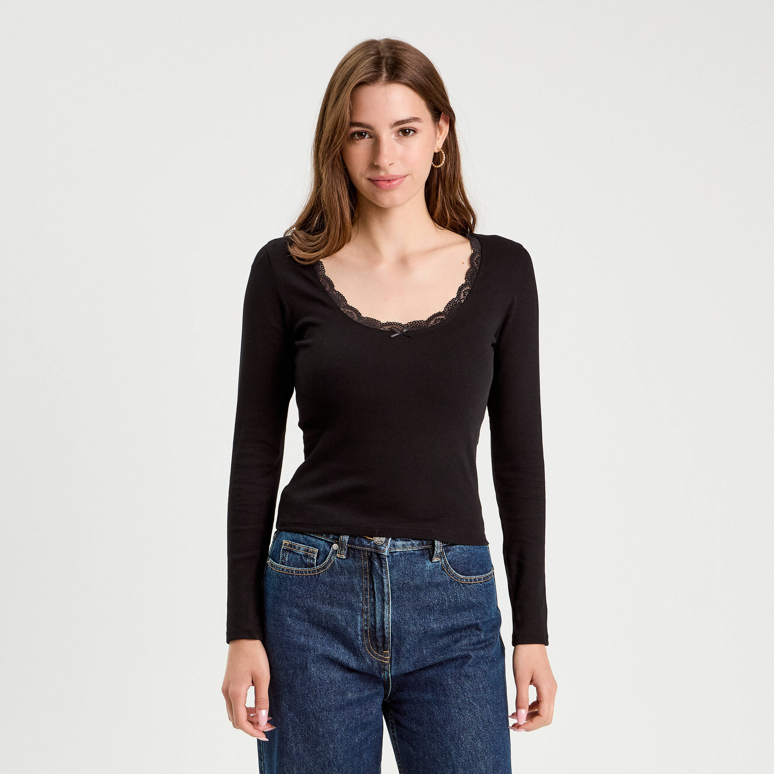 T-shirt manches longues côtelé noir femme