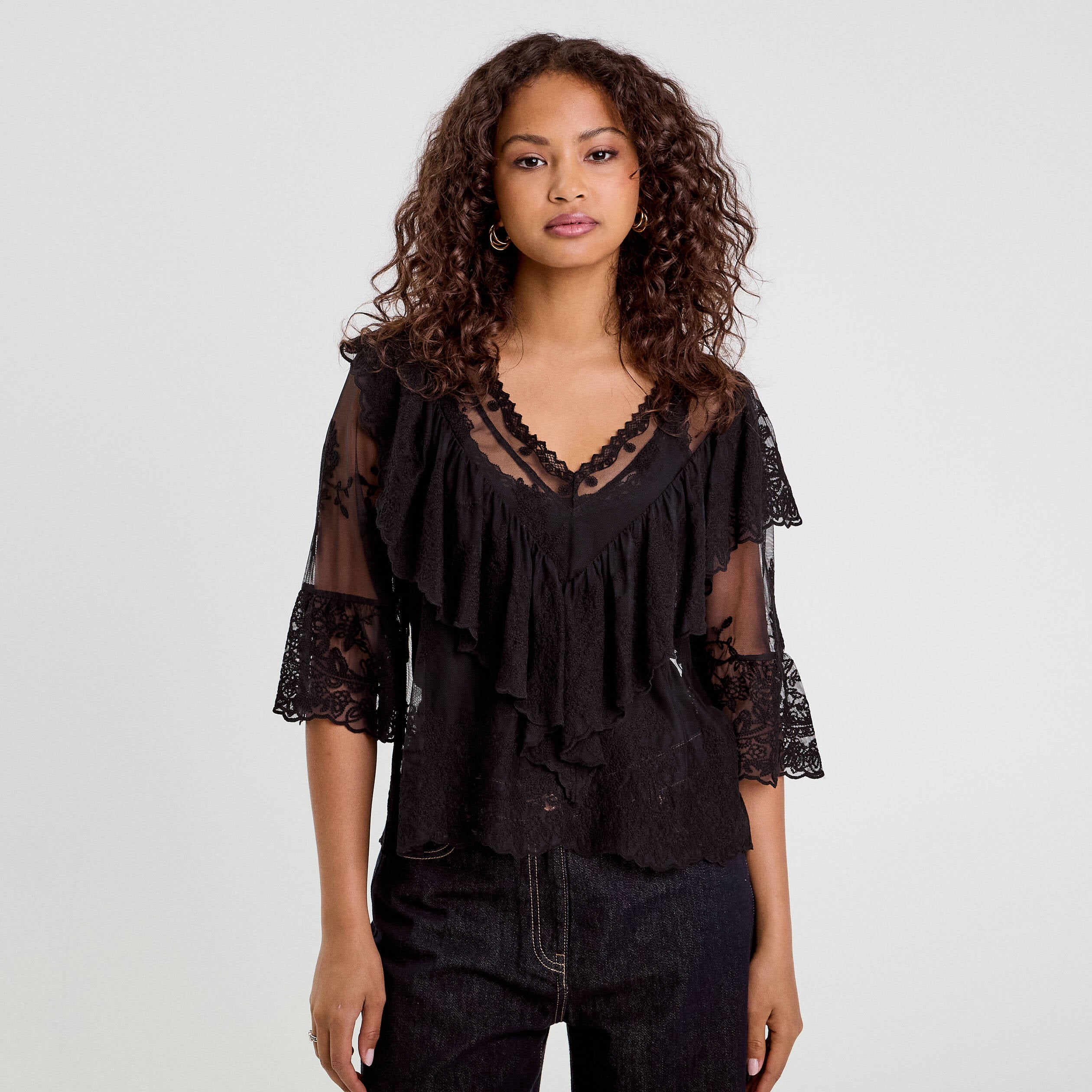 Haut / Chemisier Femme Taille 38 - Marron & Noir - 100% Viscose Avec Dentelle - Occasion Très Bon état
