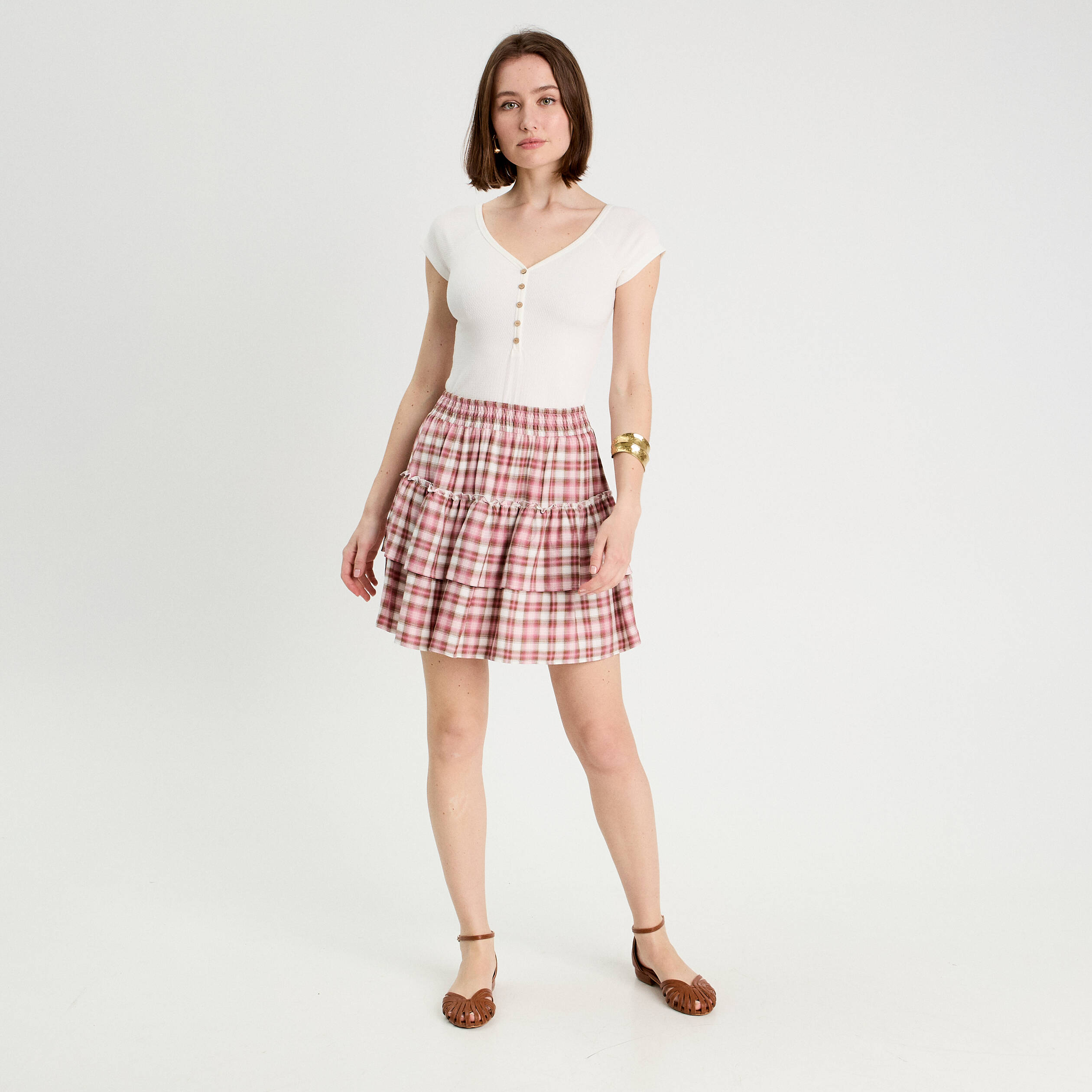 Jupe &eacute;vas&eacute;e volants rose femme