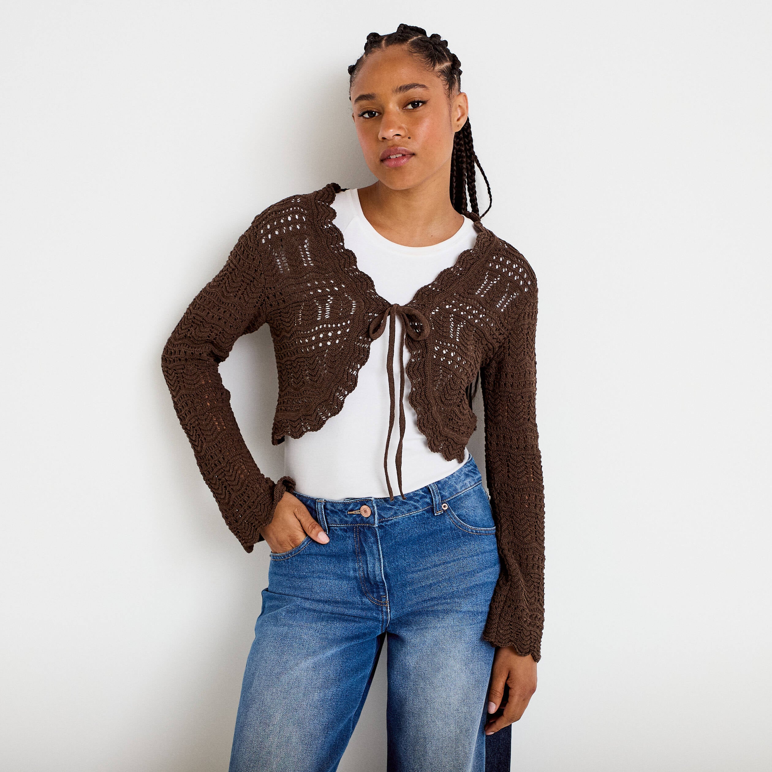 Gilet ajour&eacute; nou&eacute; marron fonc&eacute; femme