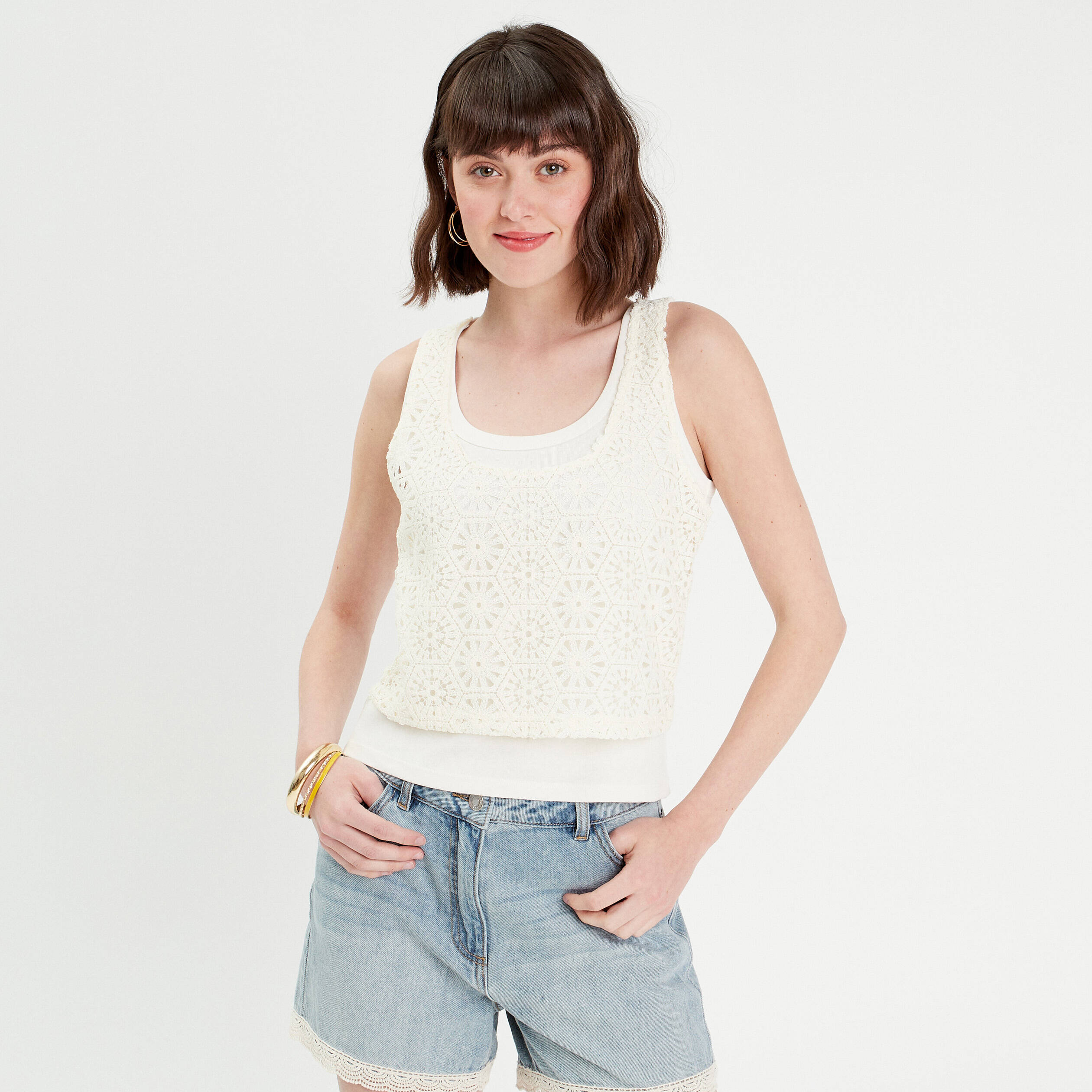 debardeur 2 en 1 crochet ecru femme Débardeur 2-en-1 crochet ecru femme