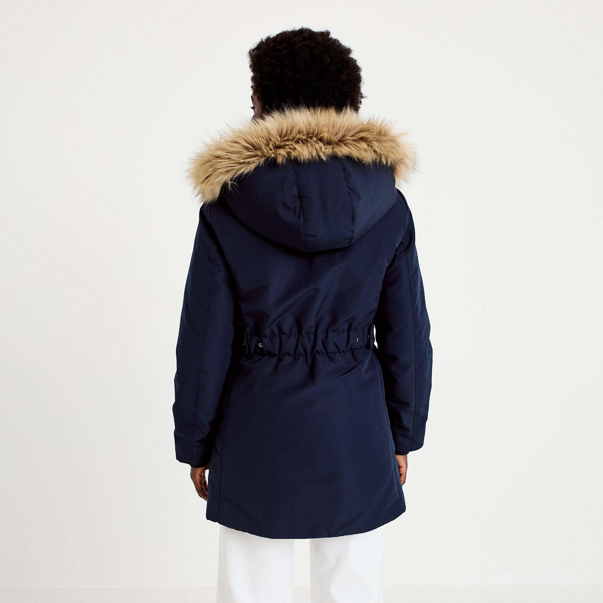 Parka &agrave; capuche fausse fourrure bleu marine femme