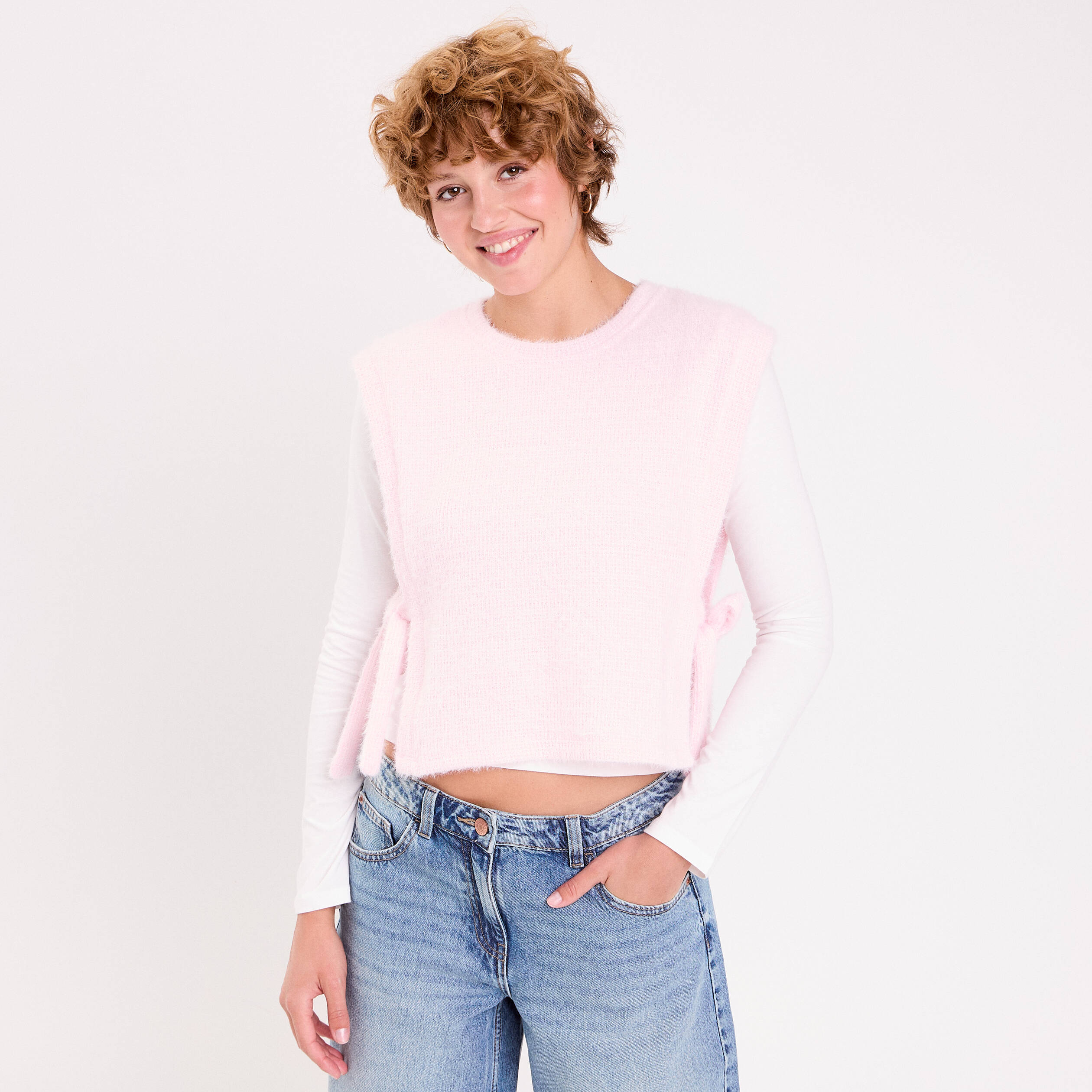T-shirt pull sans manches 2-en-1 rose clair femme