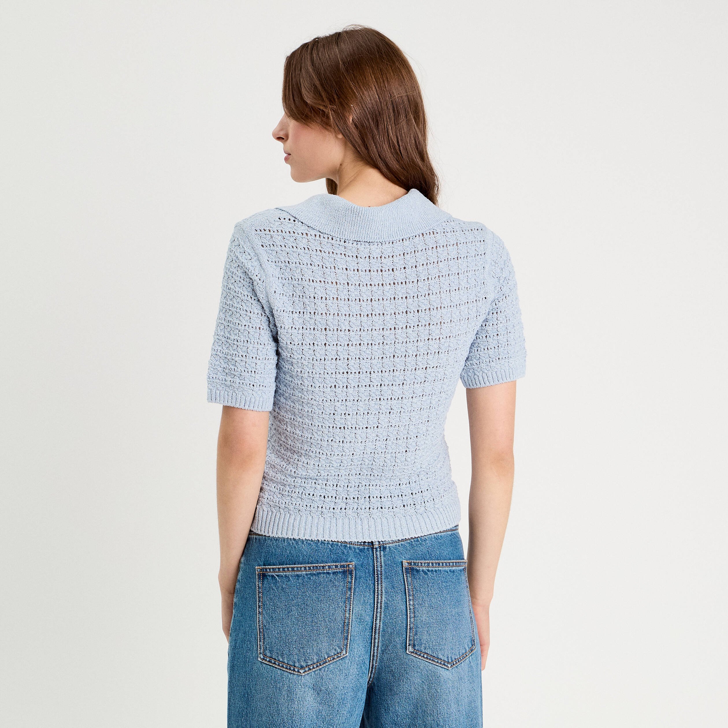polo manches courtes ajoure denim snow gris femme Polo manches courtes ajouré denim snow gris femme