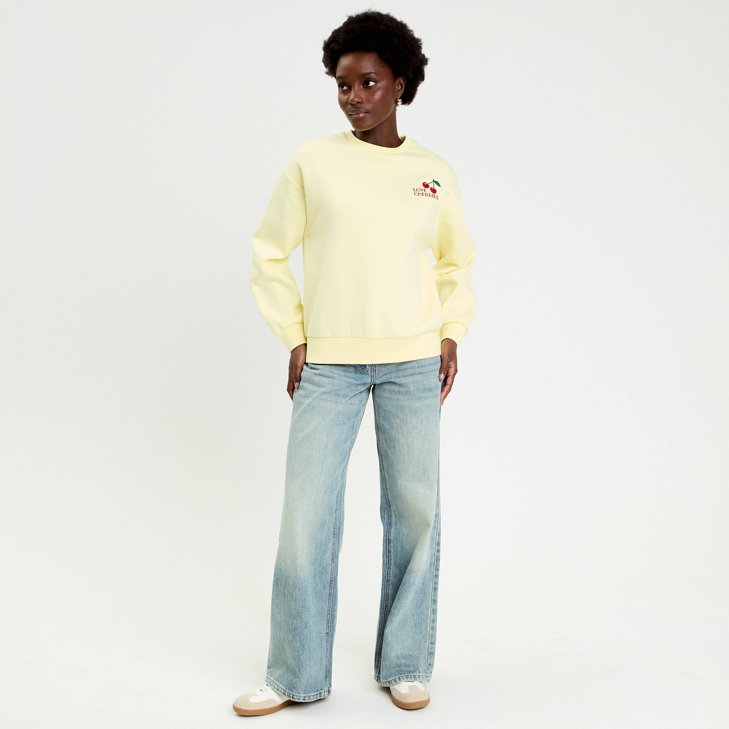 Sweat col rond manches longues jaune clair femme