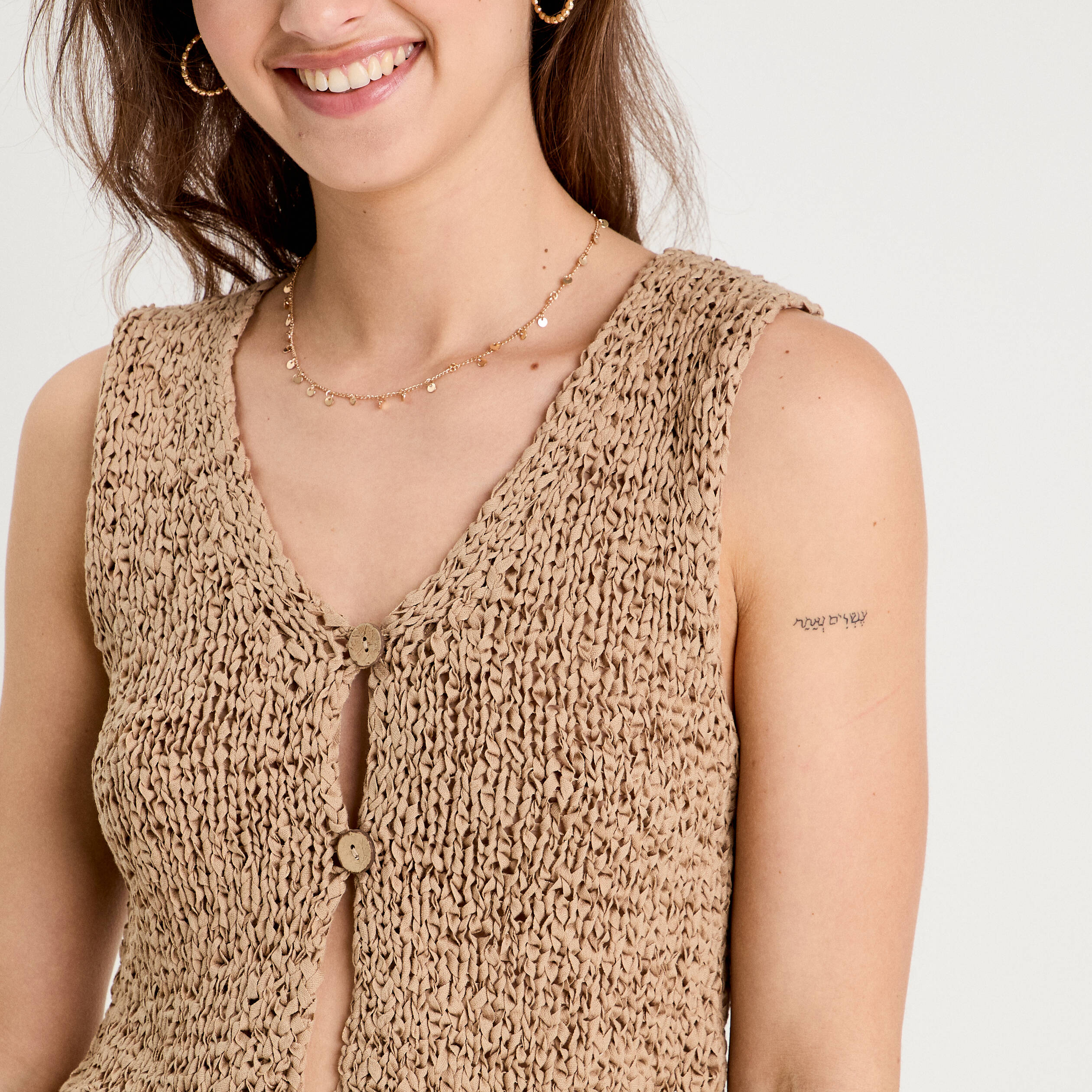 Gilet cropped sans manches beige femme
