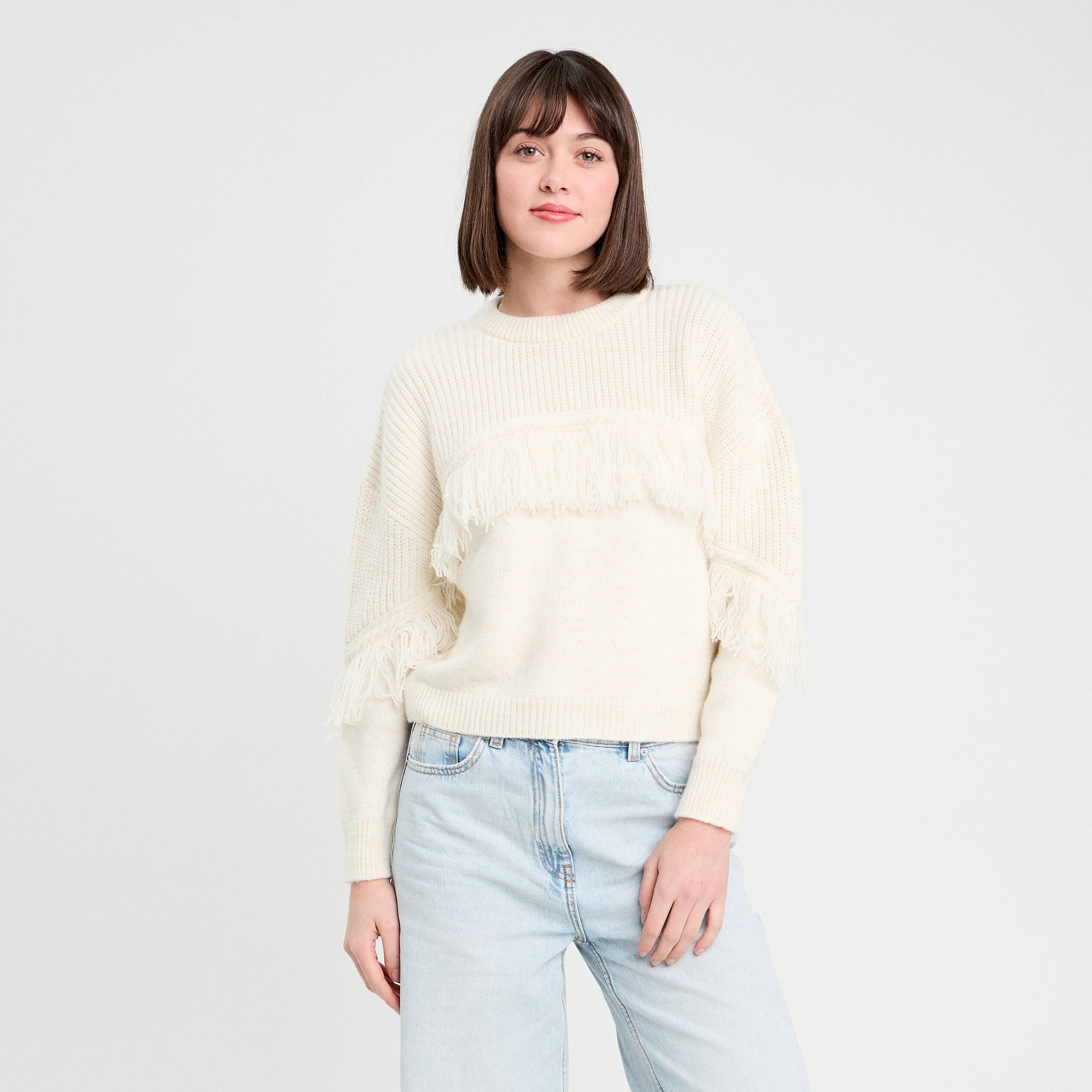 Pull avec franges ecru femme