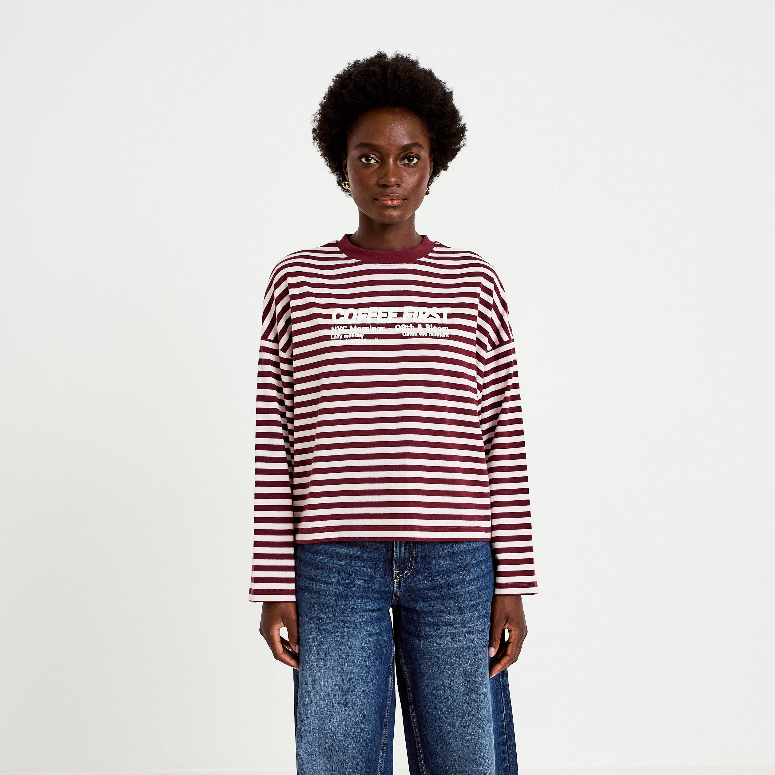 T-shirt col rond manches longues rose femme