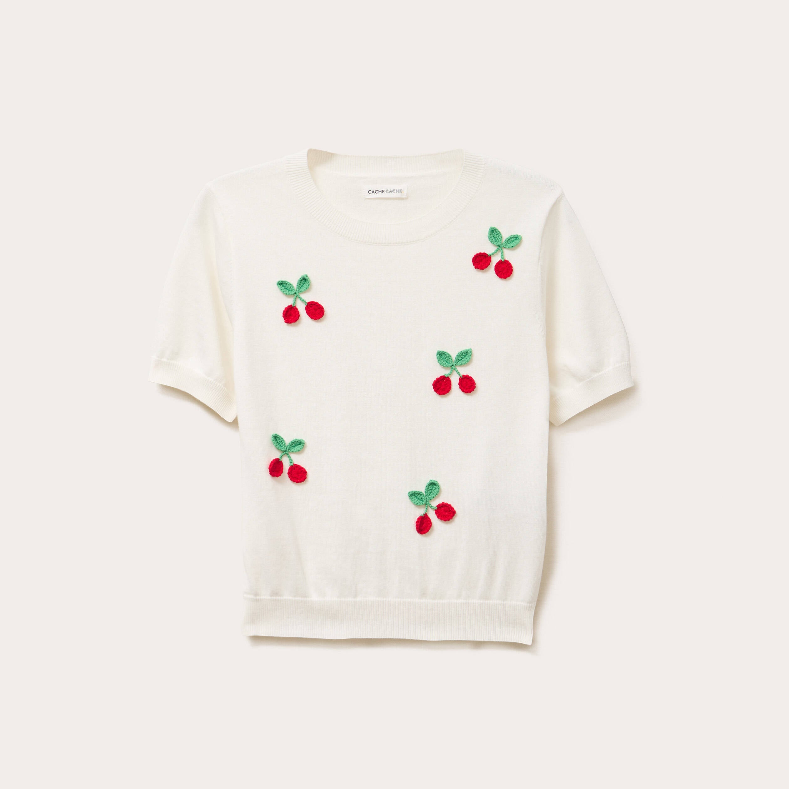 Pull manches courtes patchs ecru femme