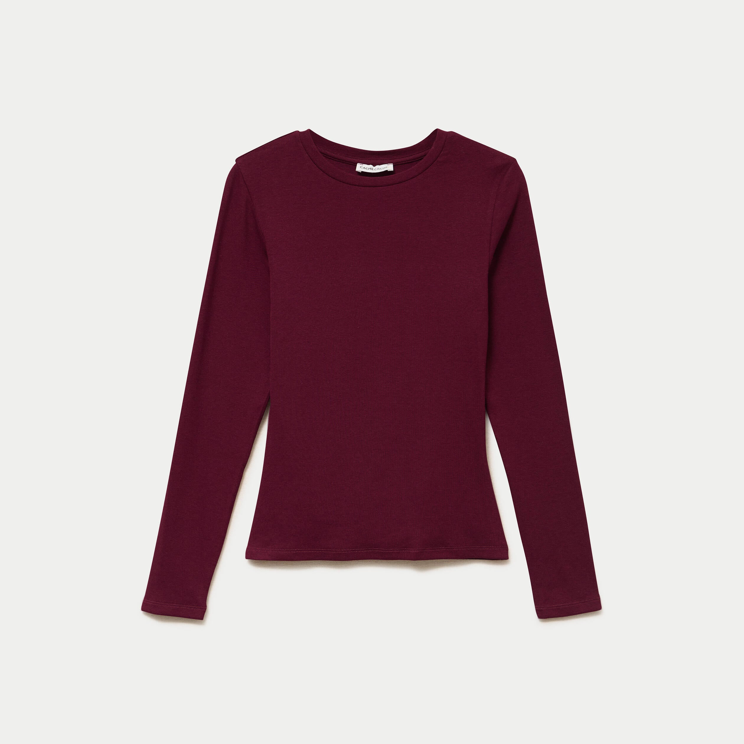 T-shirt cintr&eacute; col rond manches longues bordeaux femme