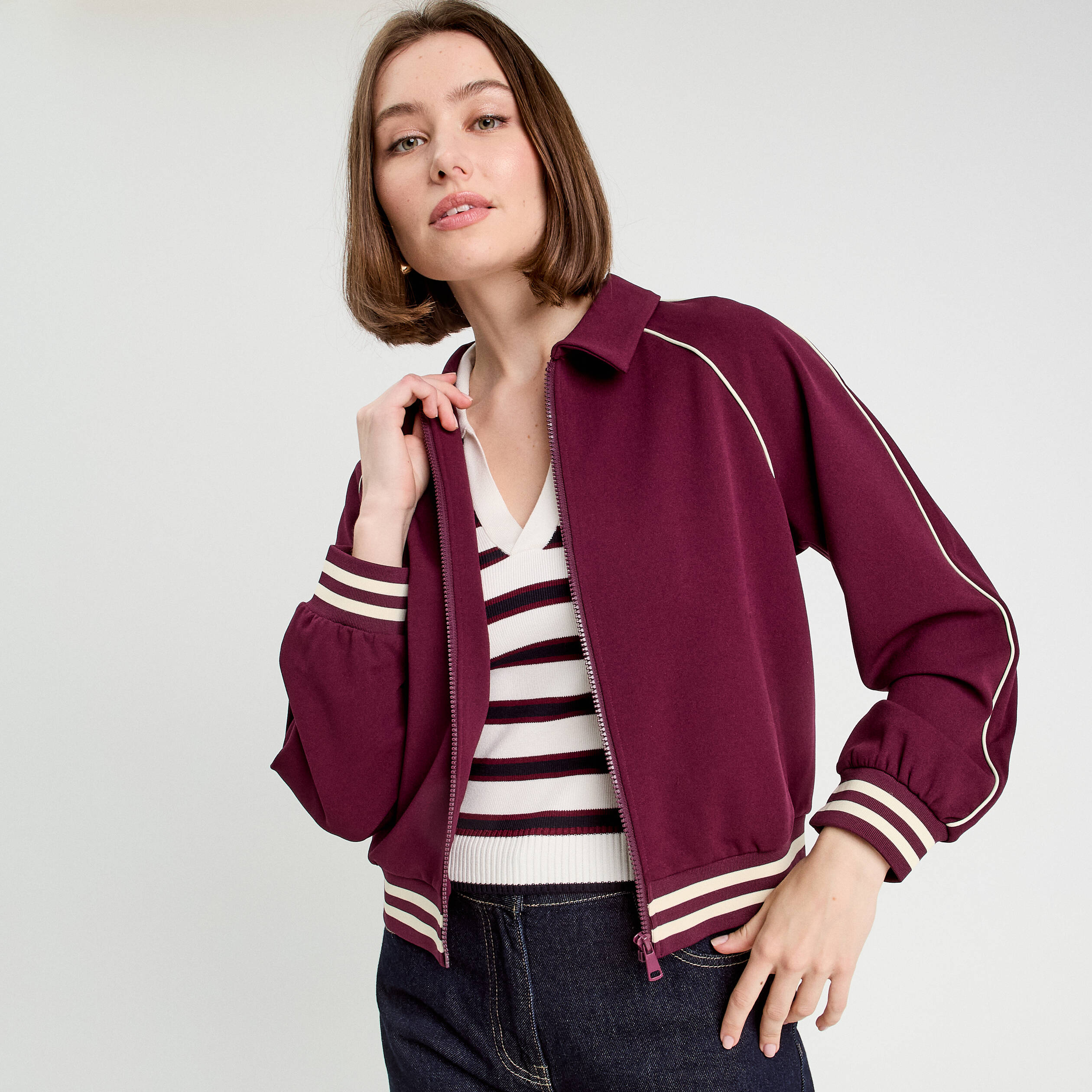 Sweat zippé manches longues prune femme