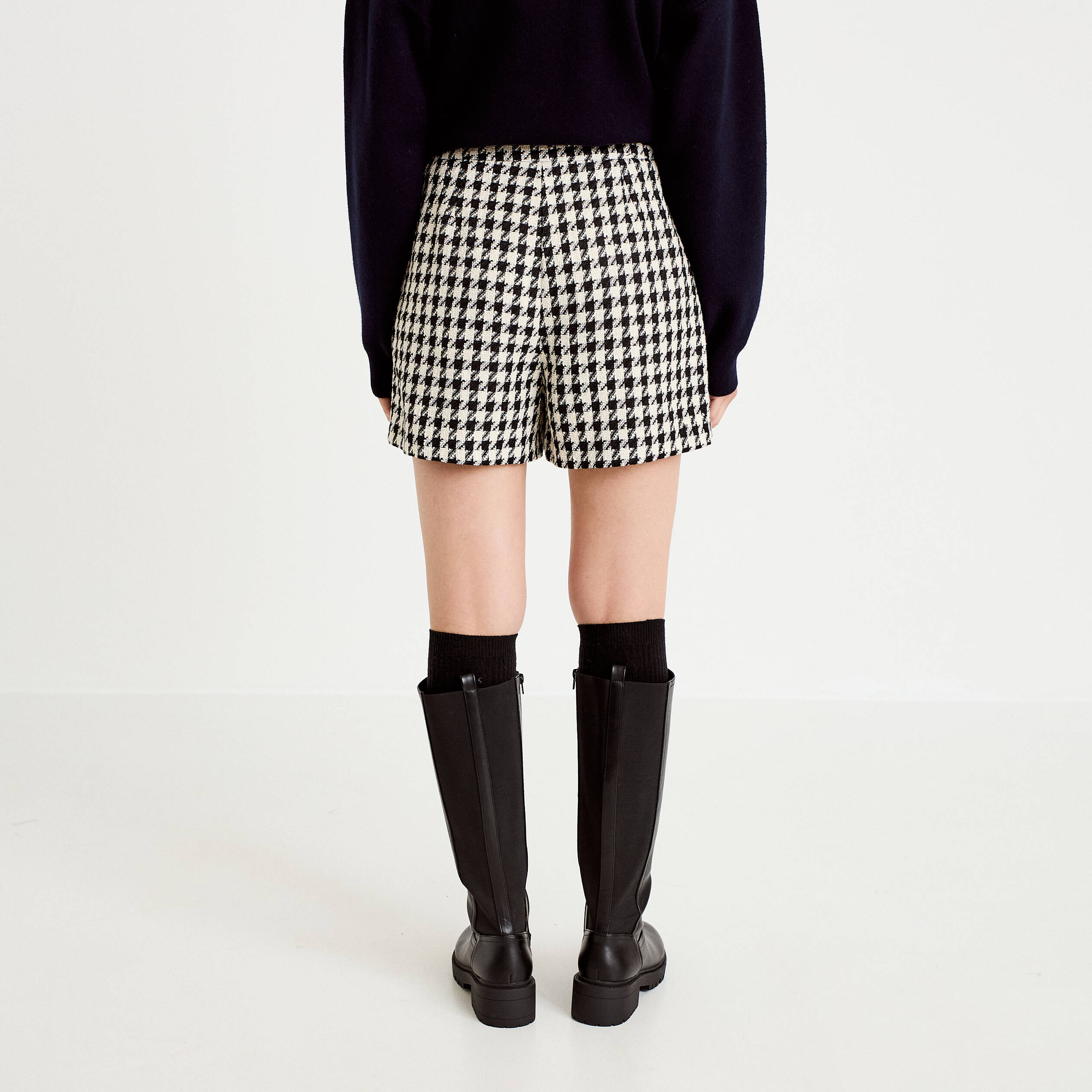 Jupe-short trap&egrave;ze tweed taille haute noir femme