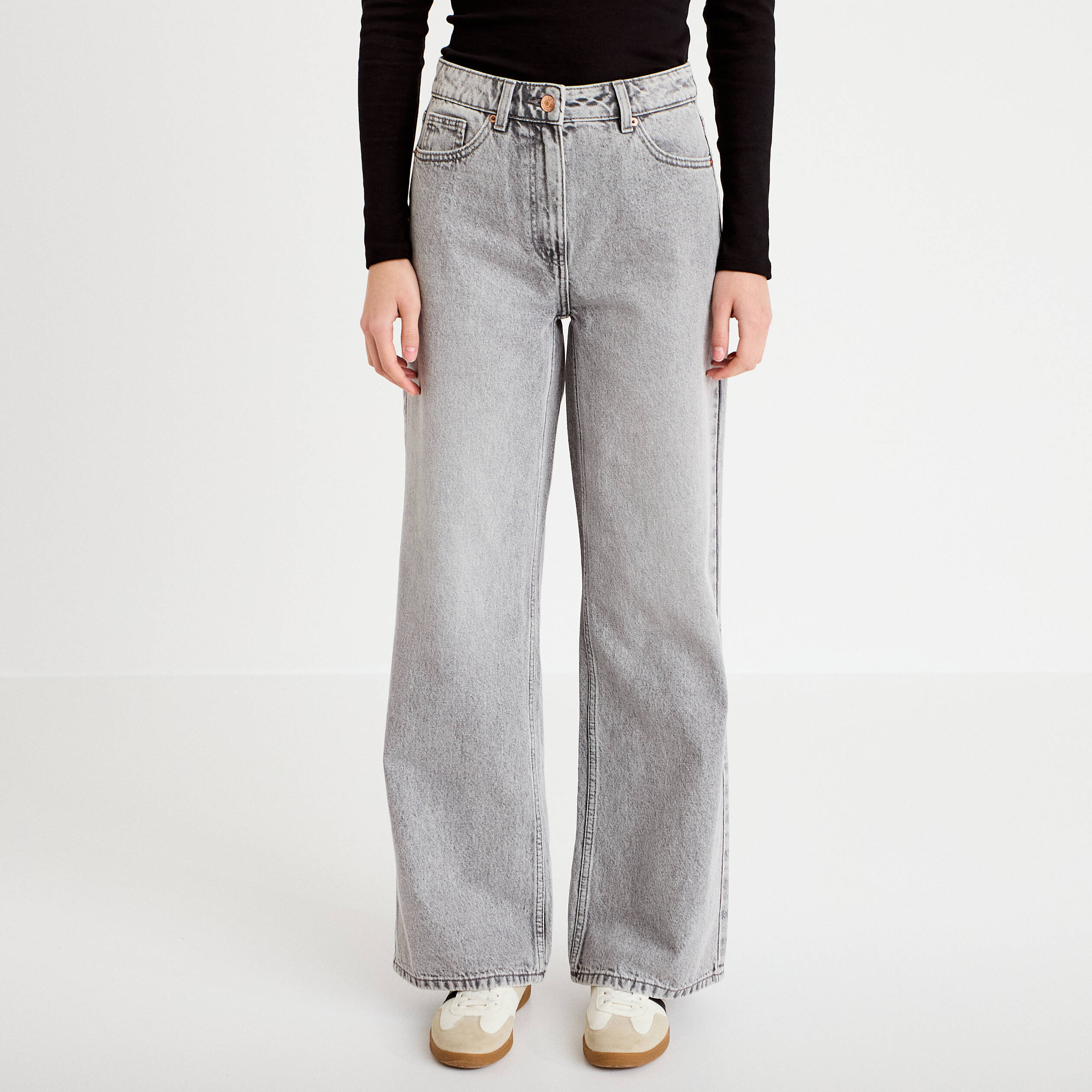 Jeans wide leg taille haute denim gris femme