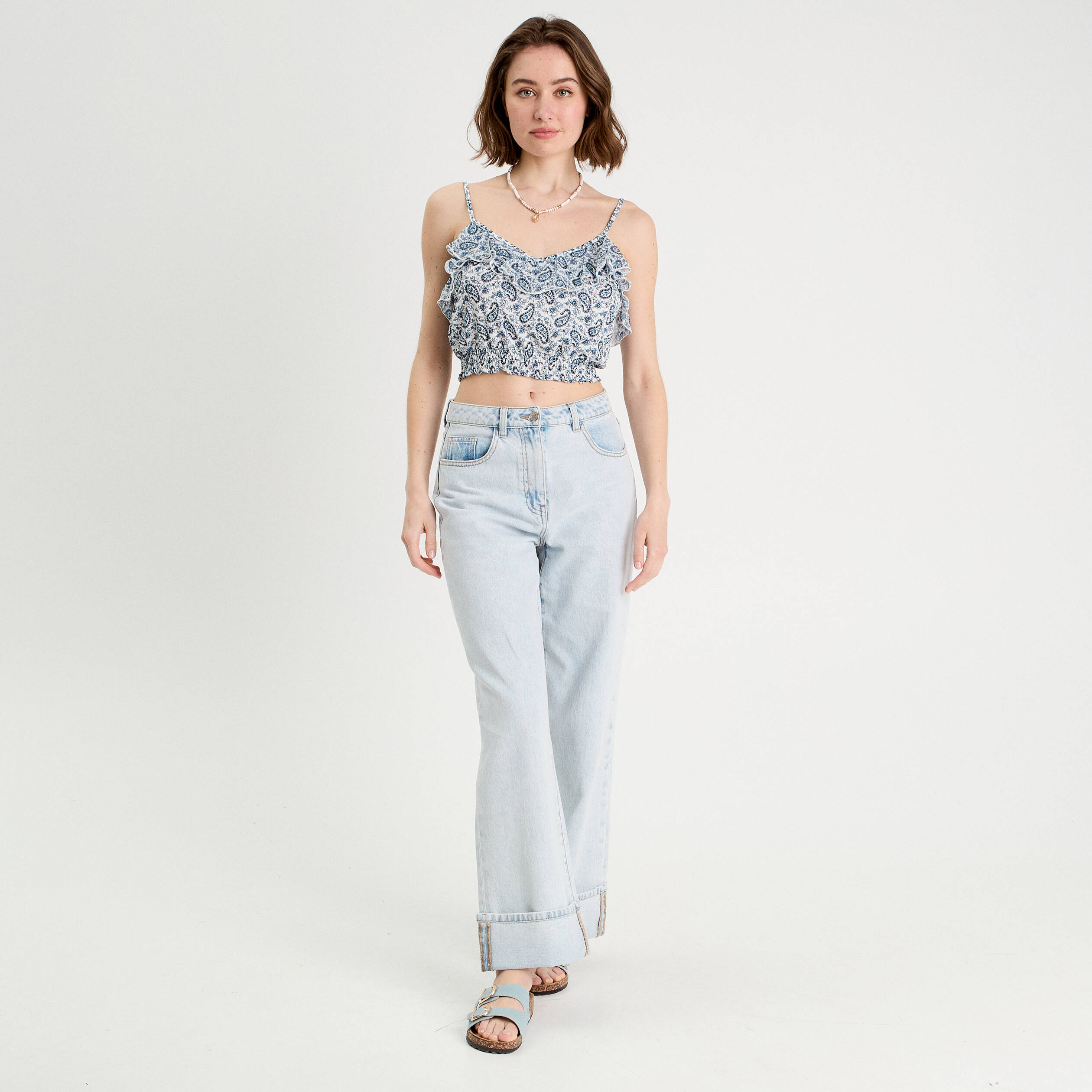 Débardeur cropped volants bleu femme