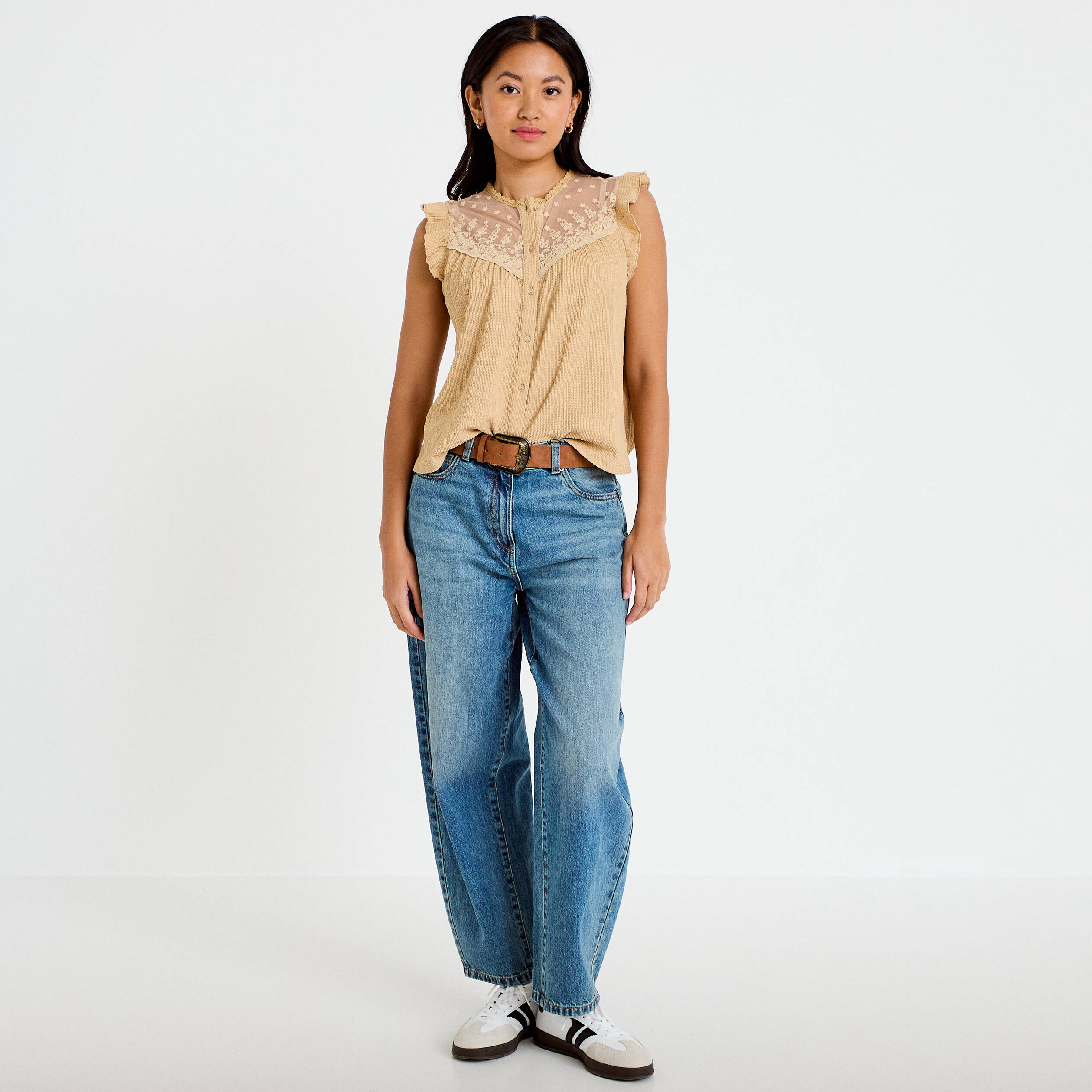 Blouse sans manches col rond beige femme