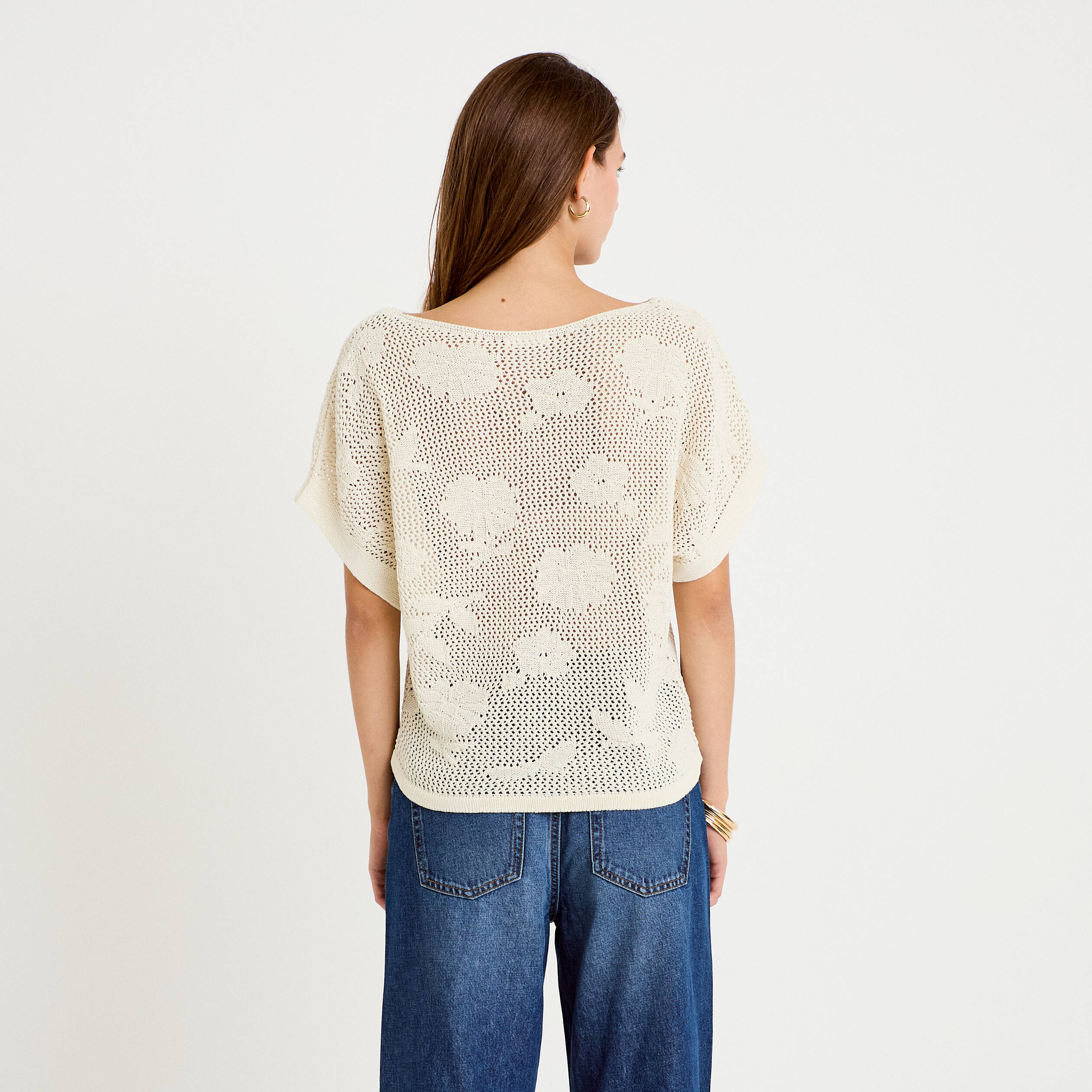 Pull ajour&eacute; col bateau manches courtes ecru femme