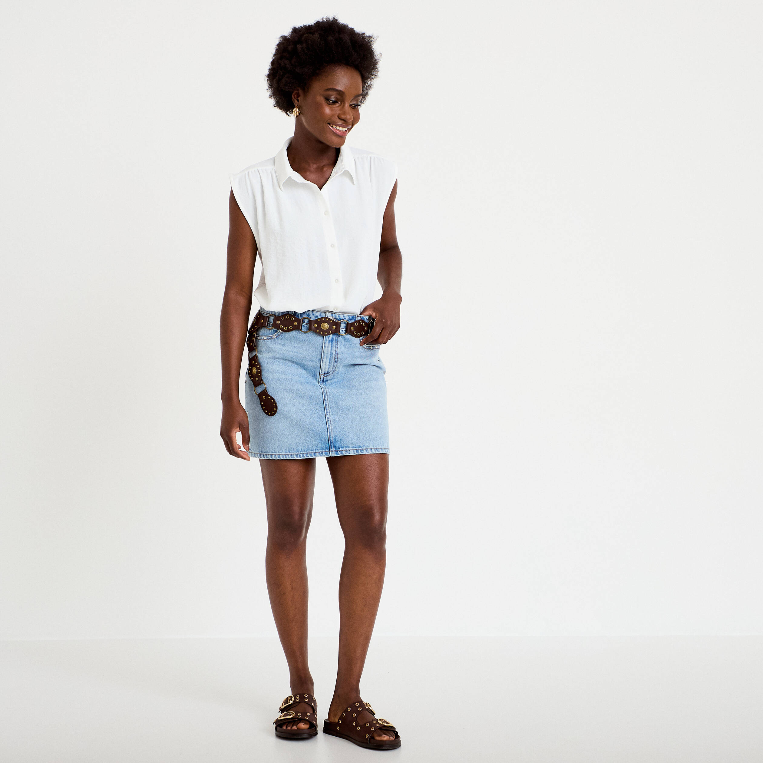 Chemise ample sans manches pliss&eacute;e ecru femme
