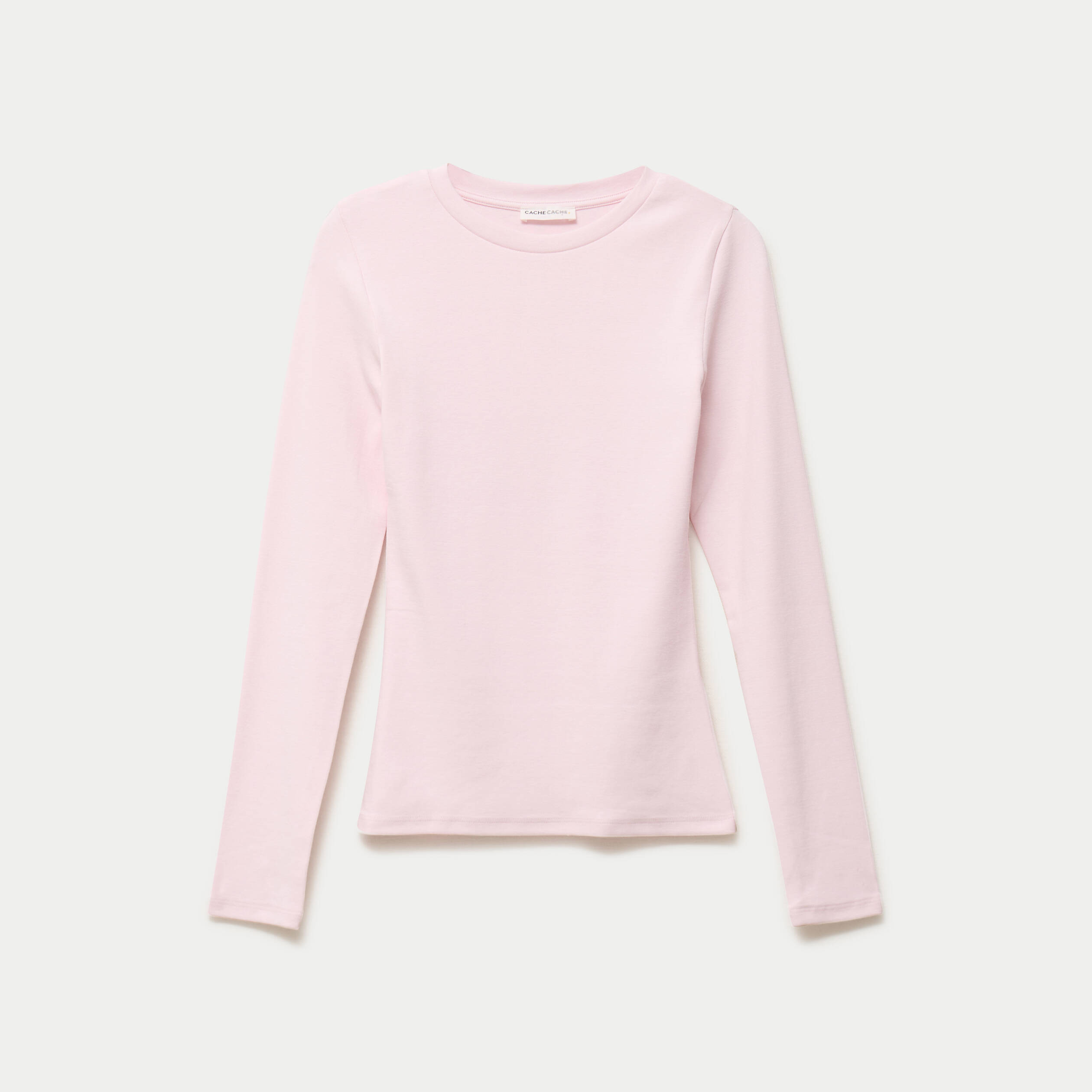 T-shirt cintr&eacute; col rond manches longues rose clair femme