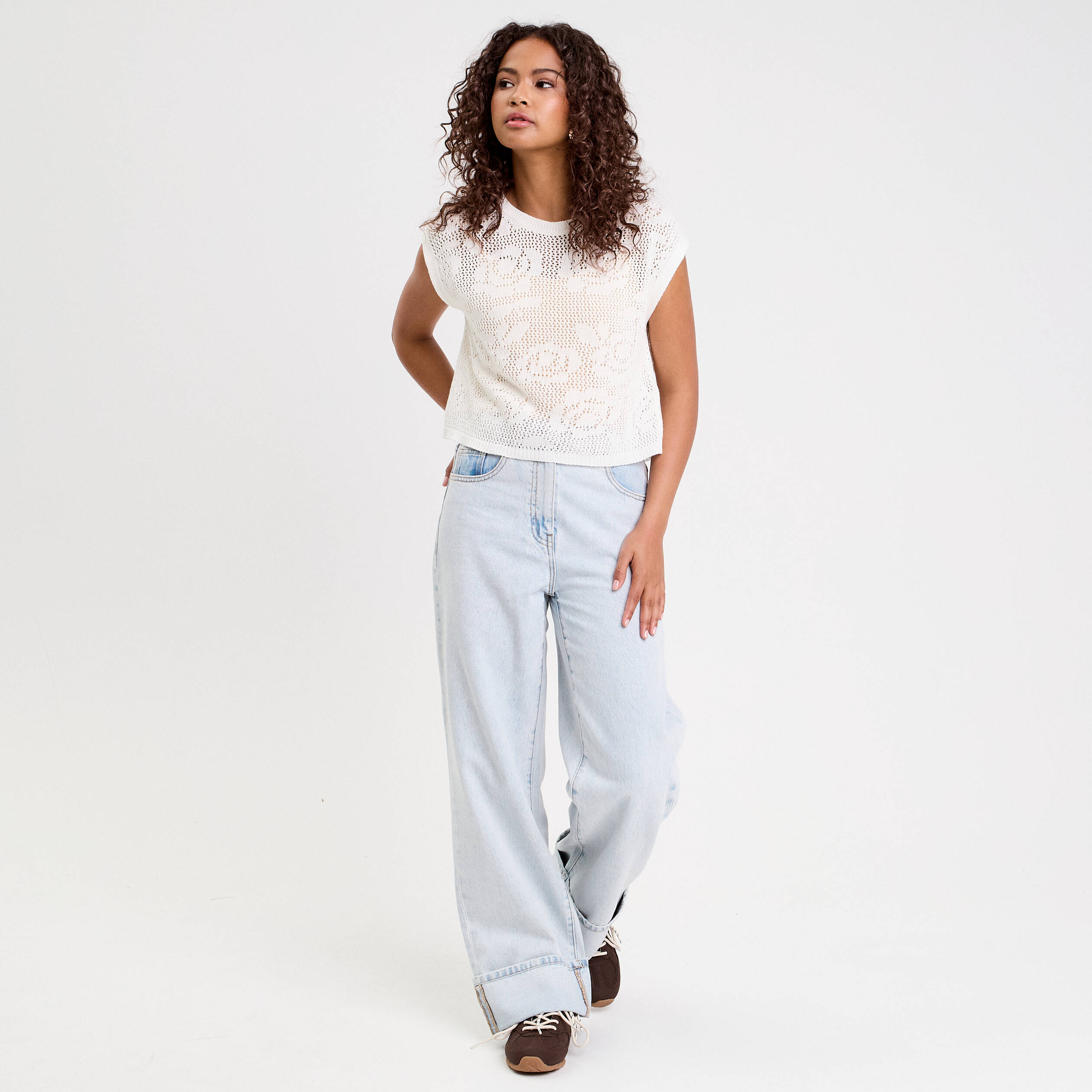 debardeur ajoure col rond sans manches blanc femme Débardeur ajouré col rond sans manches blanc femme