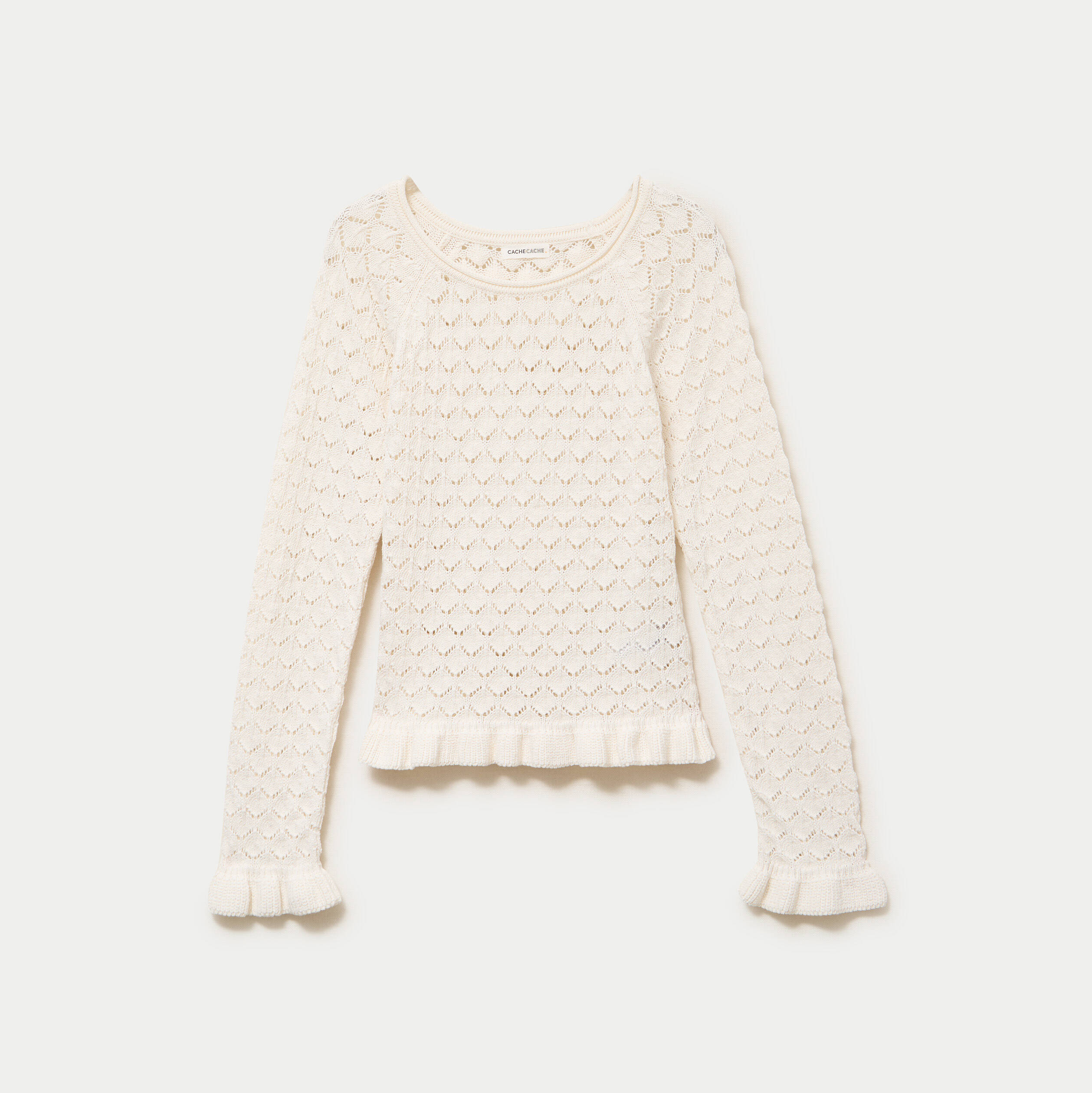 Pull ajour&eacute; col rond manches longues ecru femme
