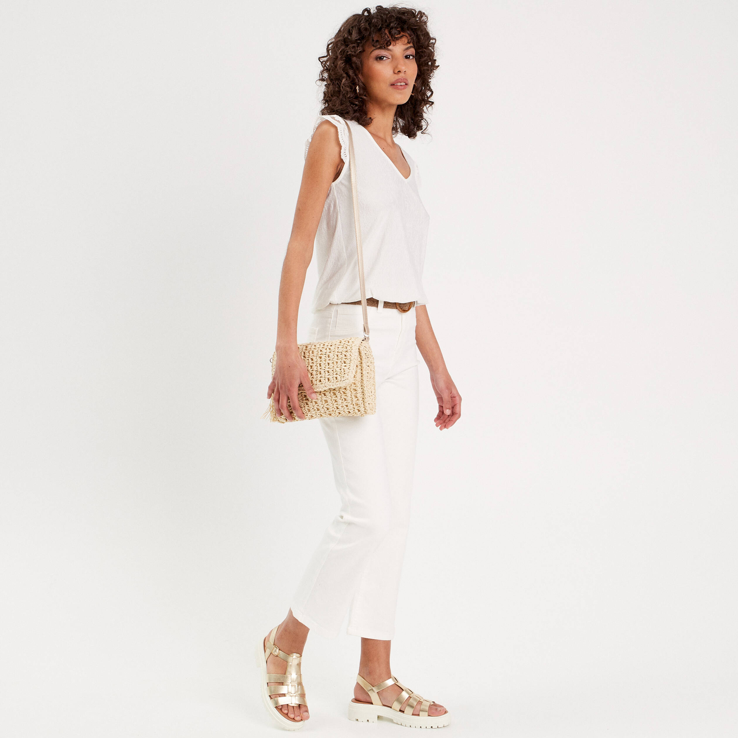 top sans manches plisse ecru femme Top sans manches plissé ecru femme