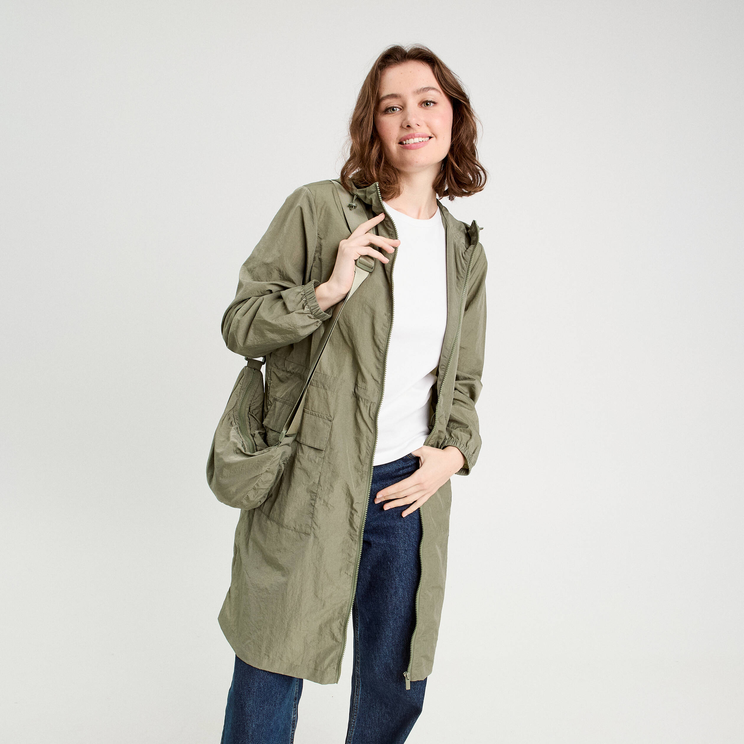 Parka d&eacute;perlante 2-en-1 avec pochette vert kaki femme