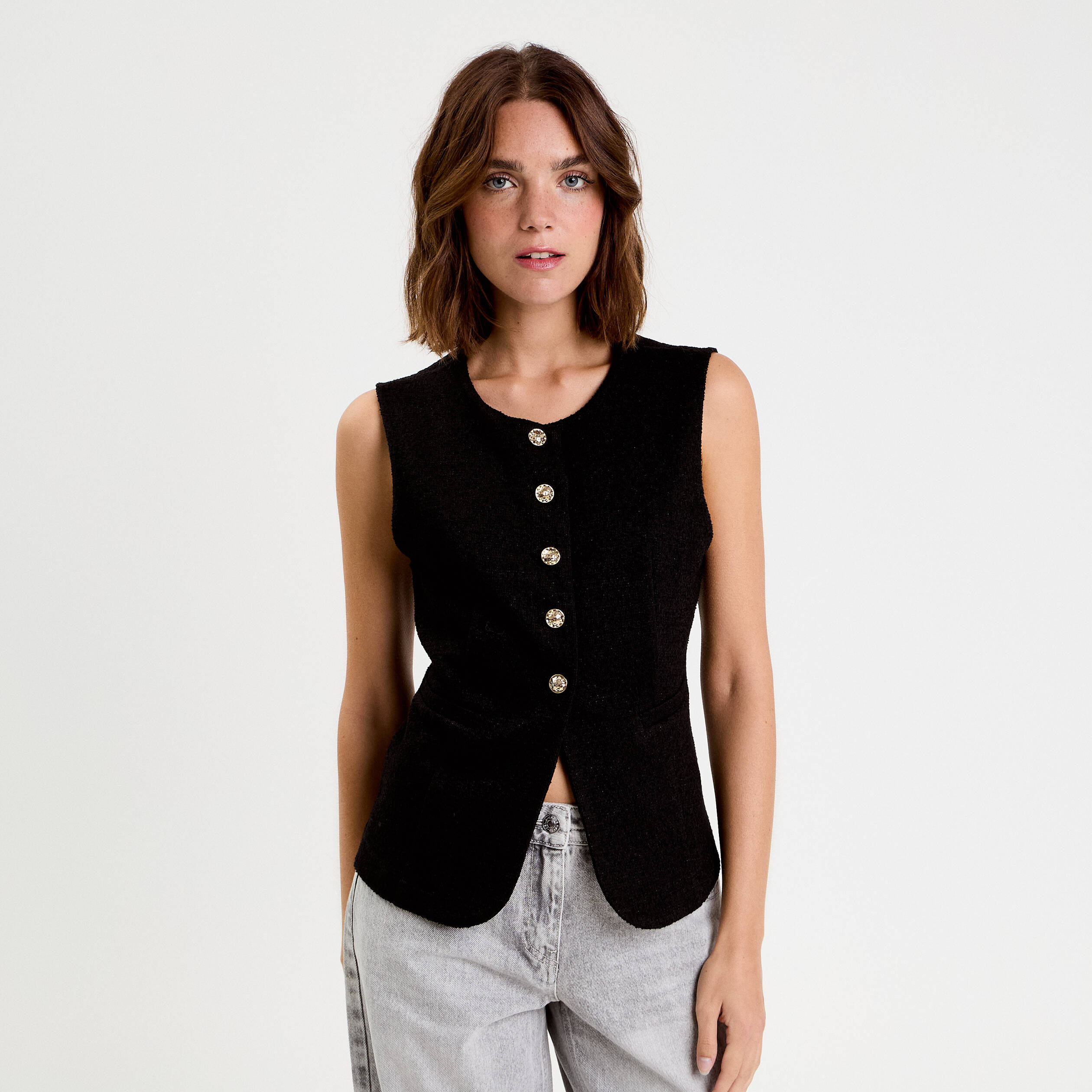 Gilet sans manches tweed noir femme