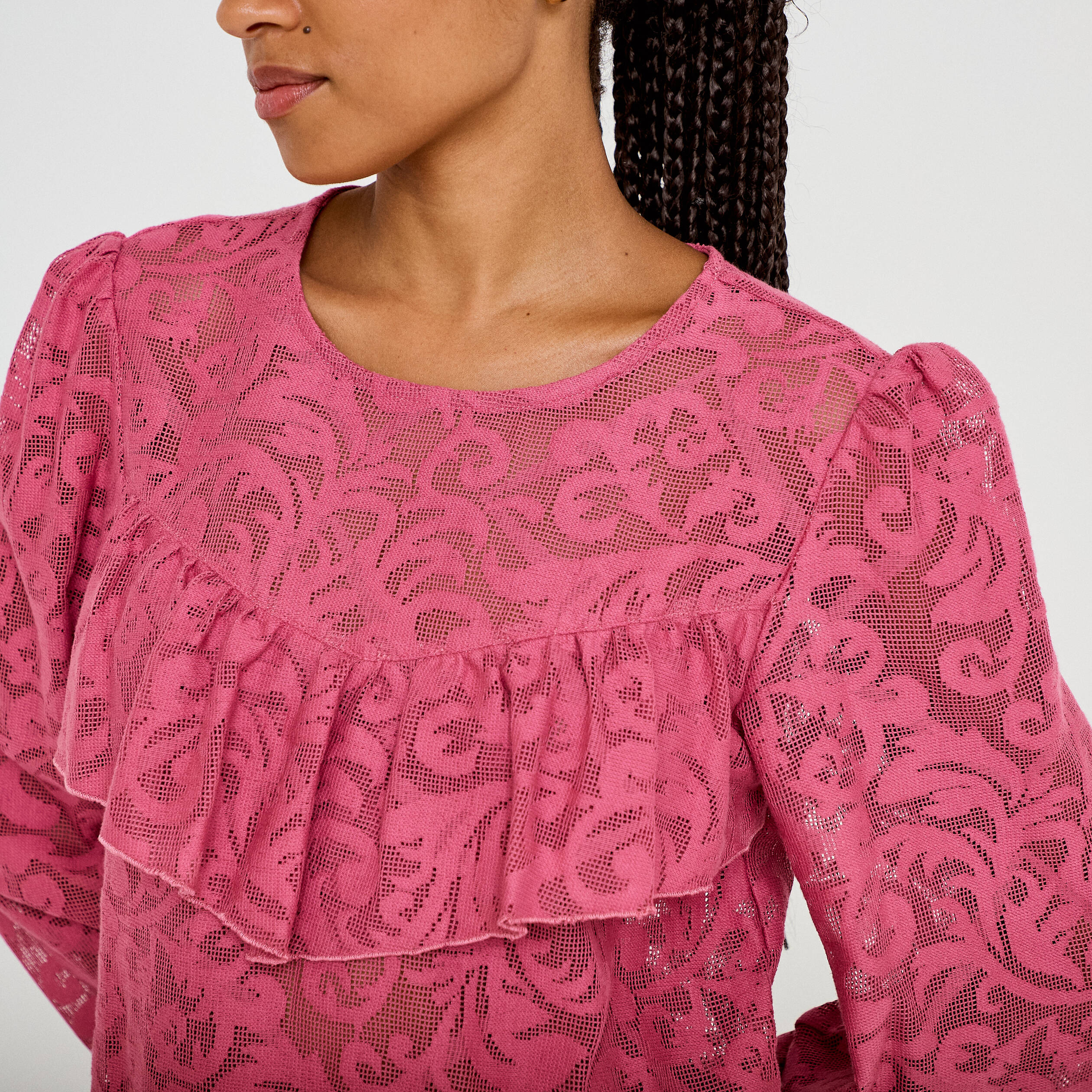 Blouse en dentelle manches longues vieux rose femme