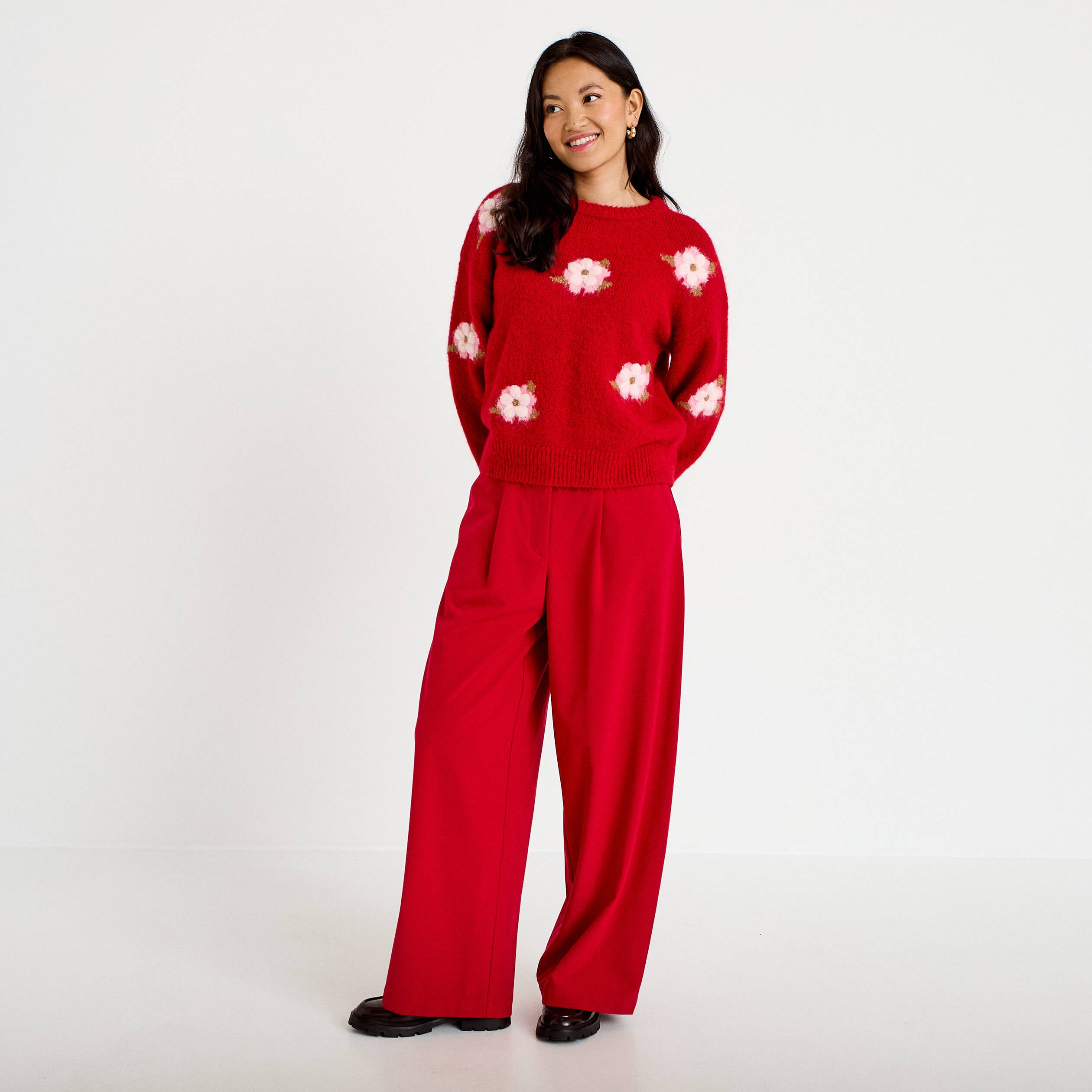Pull ample col rond manches longues rouge femme